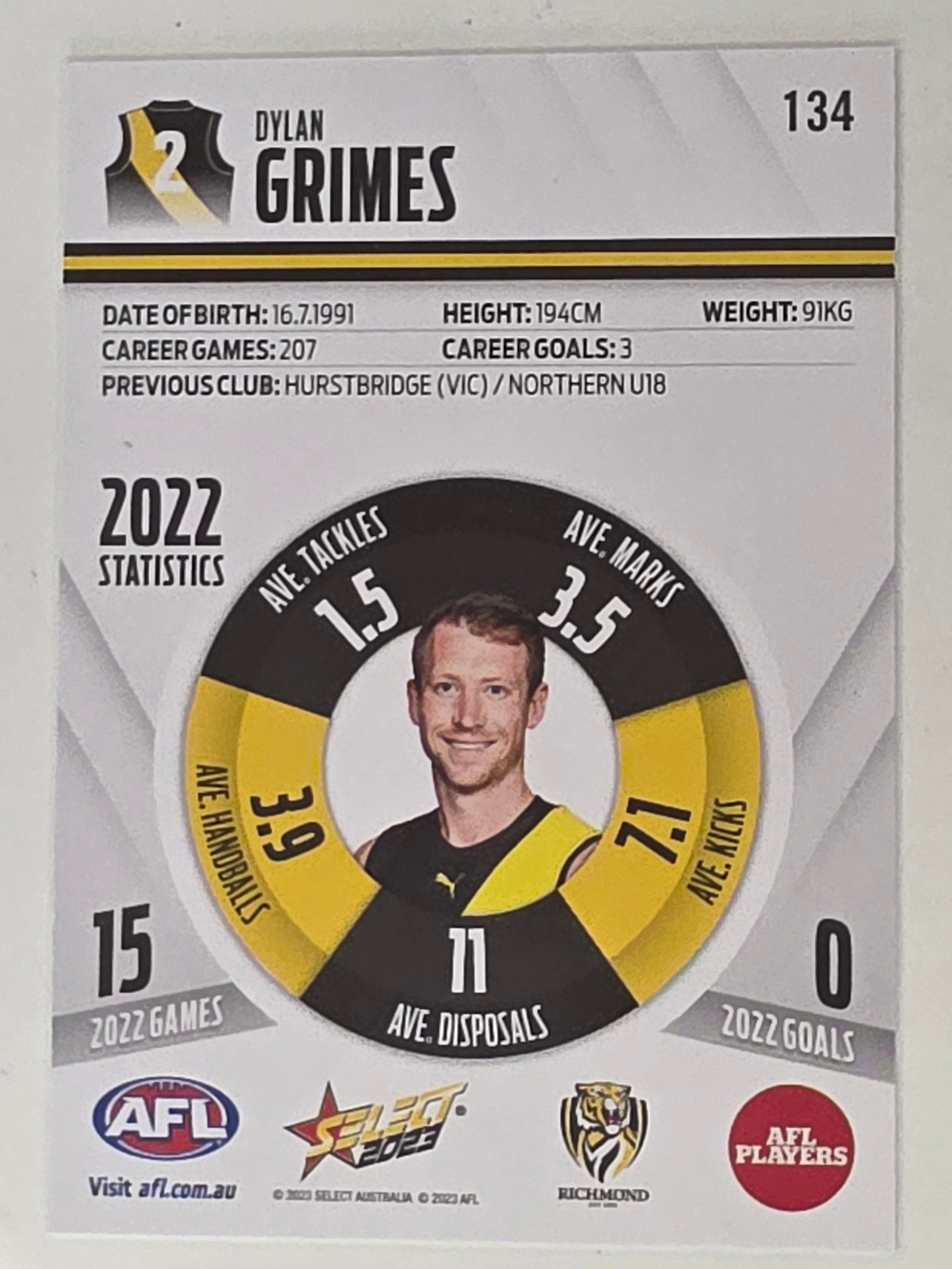 AFL 2023 Footy Stars Base Card #134 Dylan Grimes Richmond Tigers
