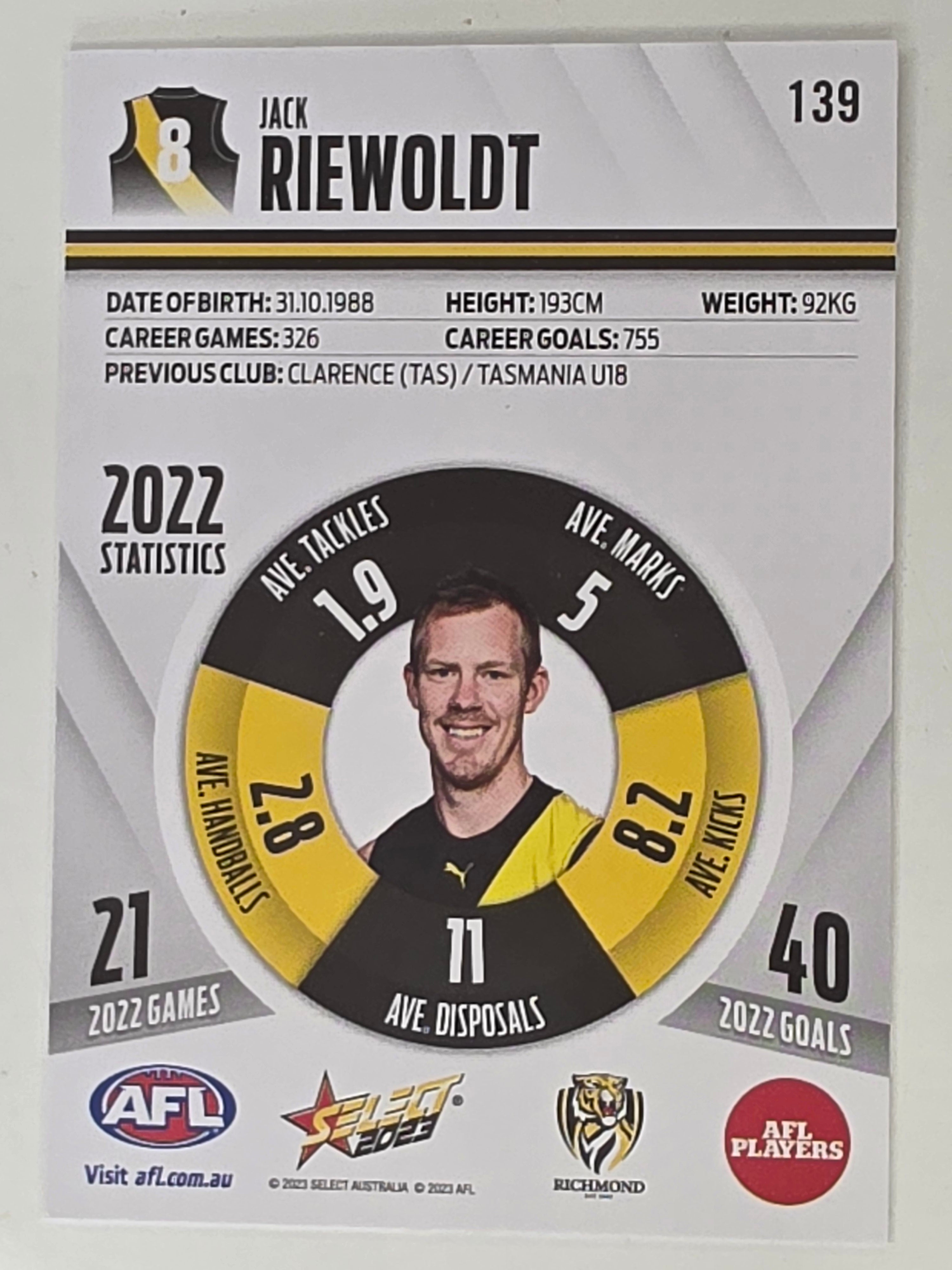 AFL 2023 Footy Stars Base Card #139 Jack Riewoldt Richmond Tigers