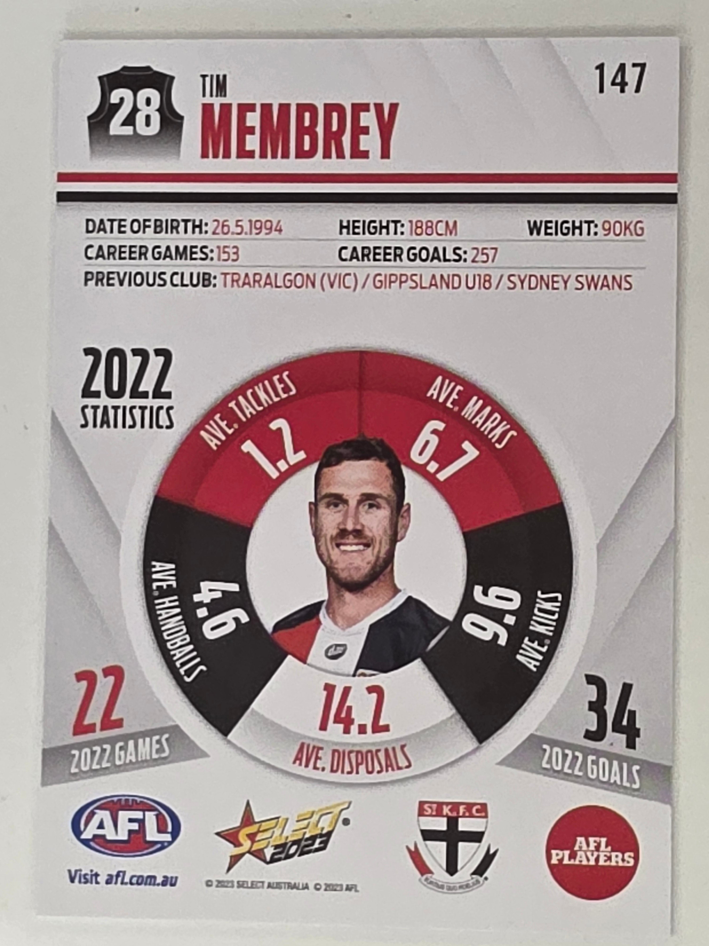 AFL 2023 Footy Stars Base Card #147 Tim Membrey St Kilda Saints