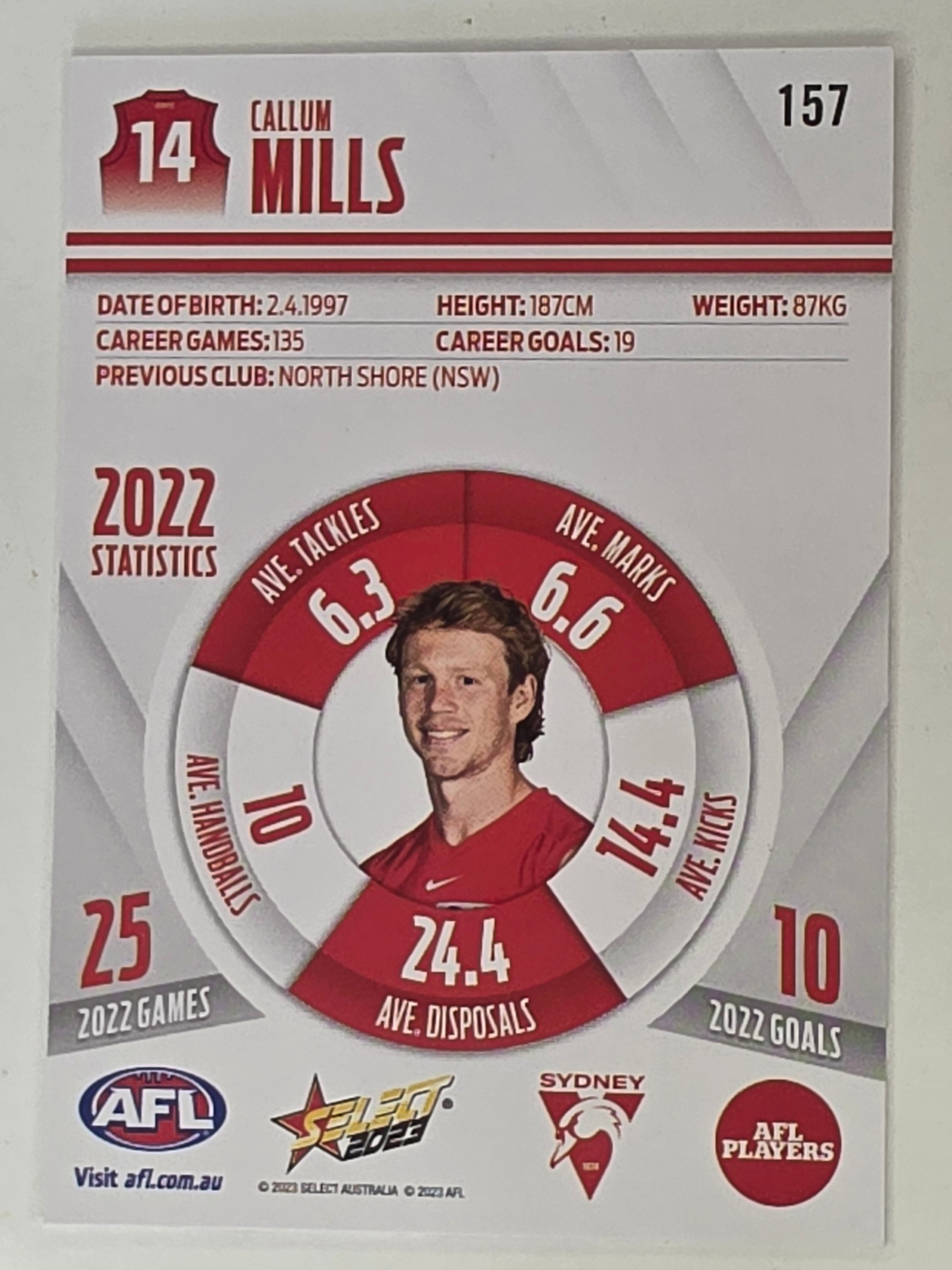 AFL 2023 Footy Stars Base Card #157 Callum Mills Sydney Swans