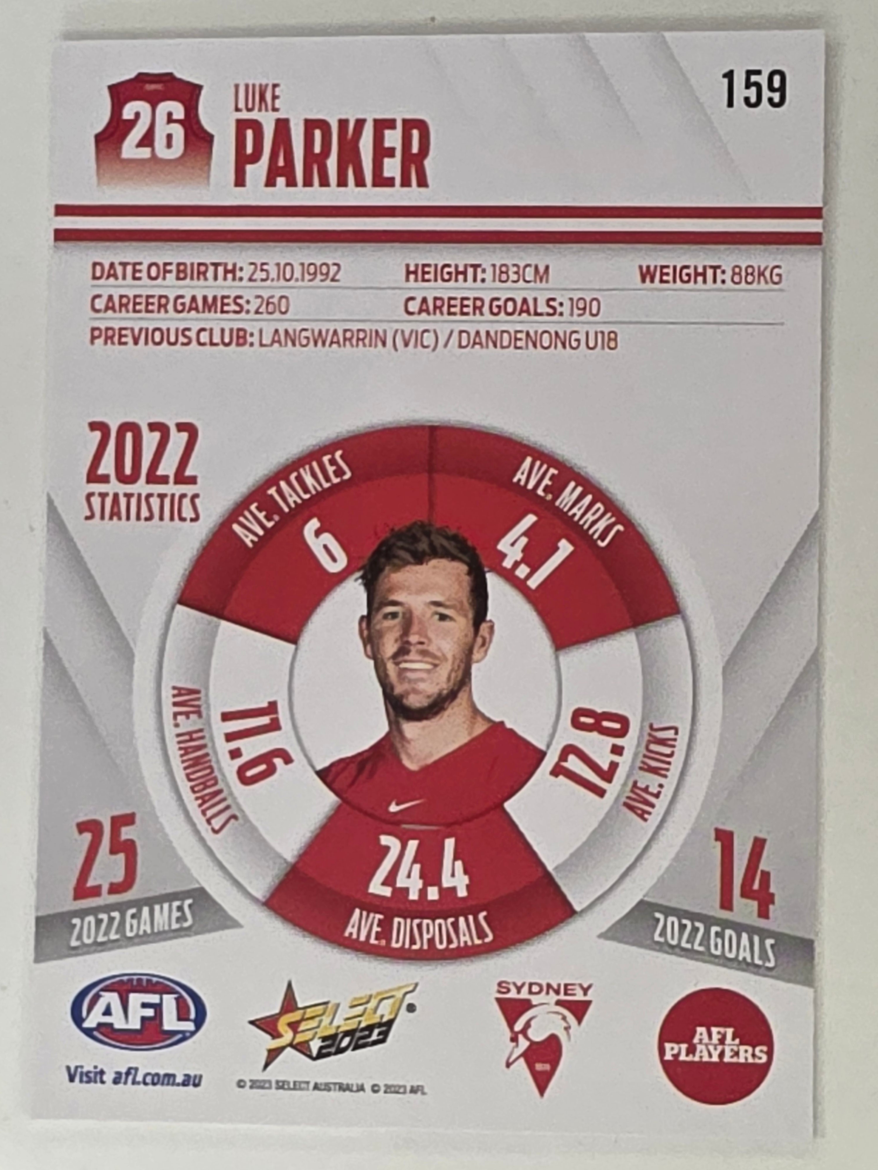 AFL 2023 Footy Stars Base Card #159 Luke Parker Sydney Swans