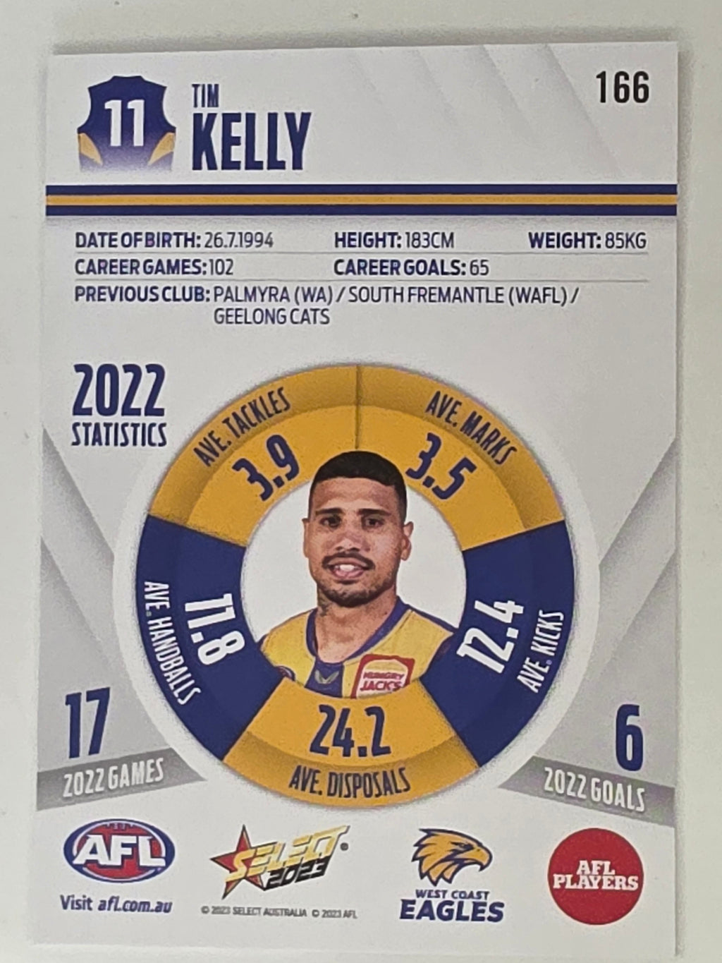 AFL 2023 Footy Stars Base Card #166 Tim Kelly West Coast Eagles