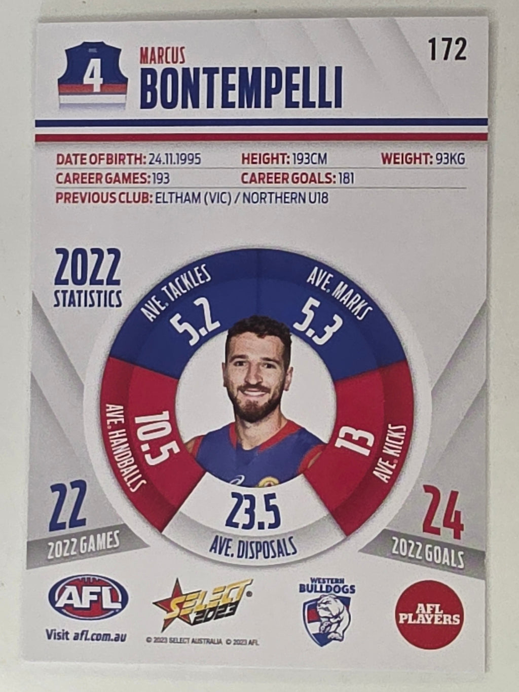 AFL 2023 Footy Stars Base Card #172 Marcus Bontempelli Western Bulldogs