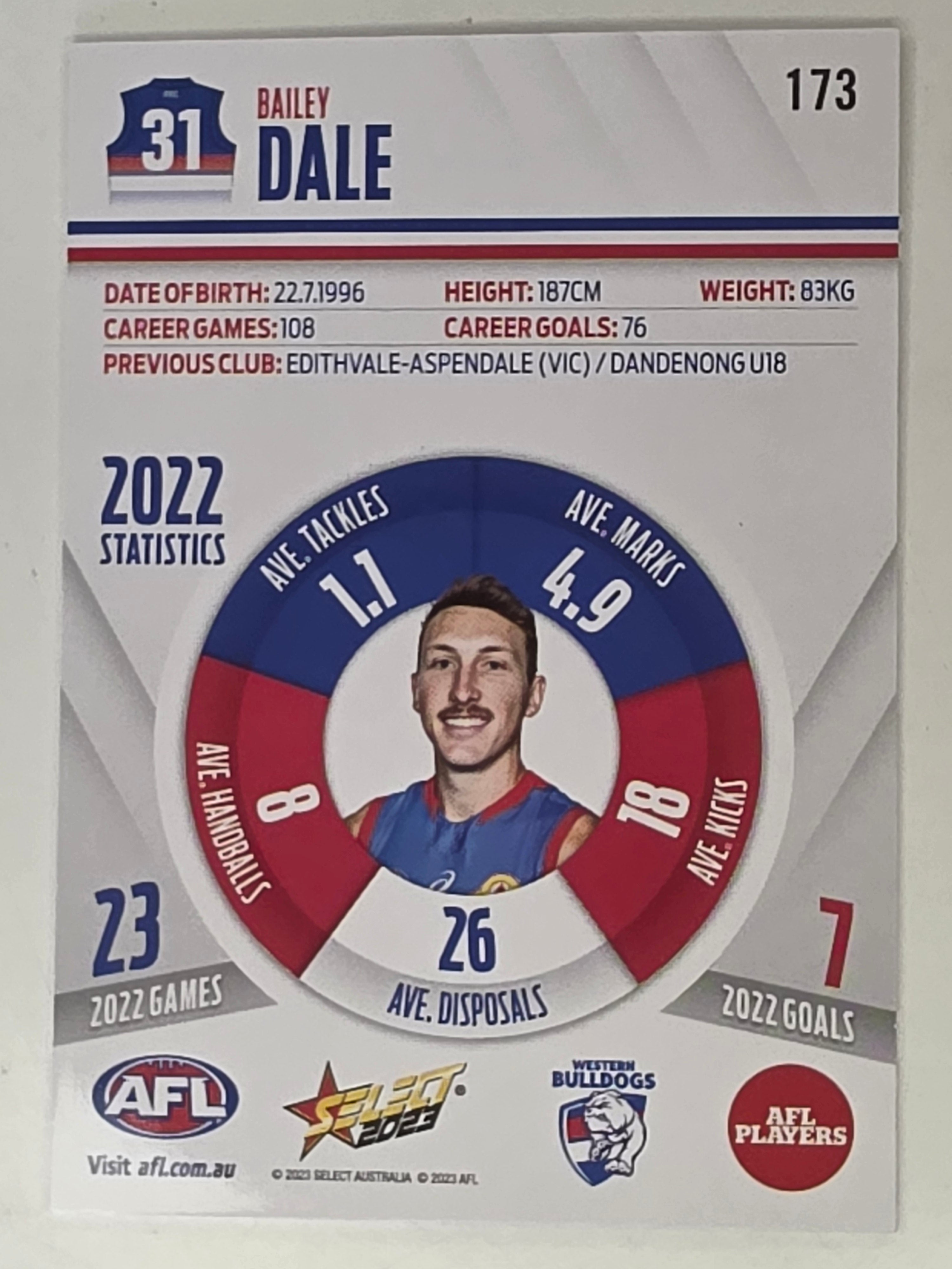 AFL 2023 Footy Stars Base Card #173 Bailey Dale Western Bulldogs