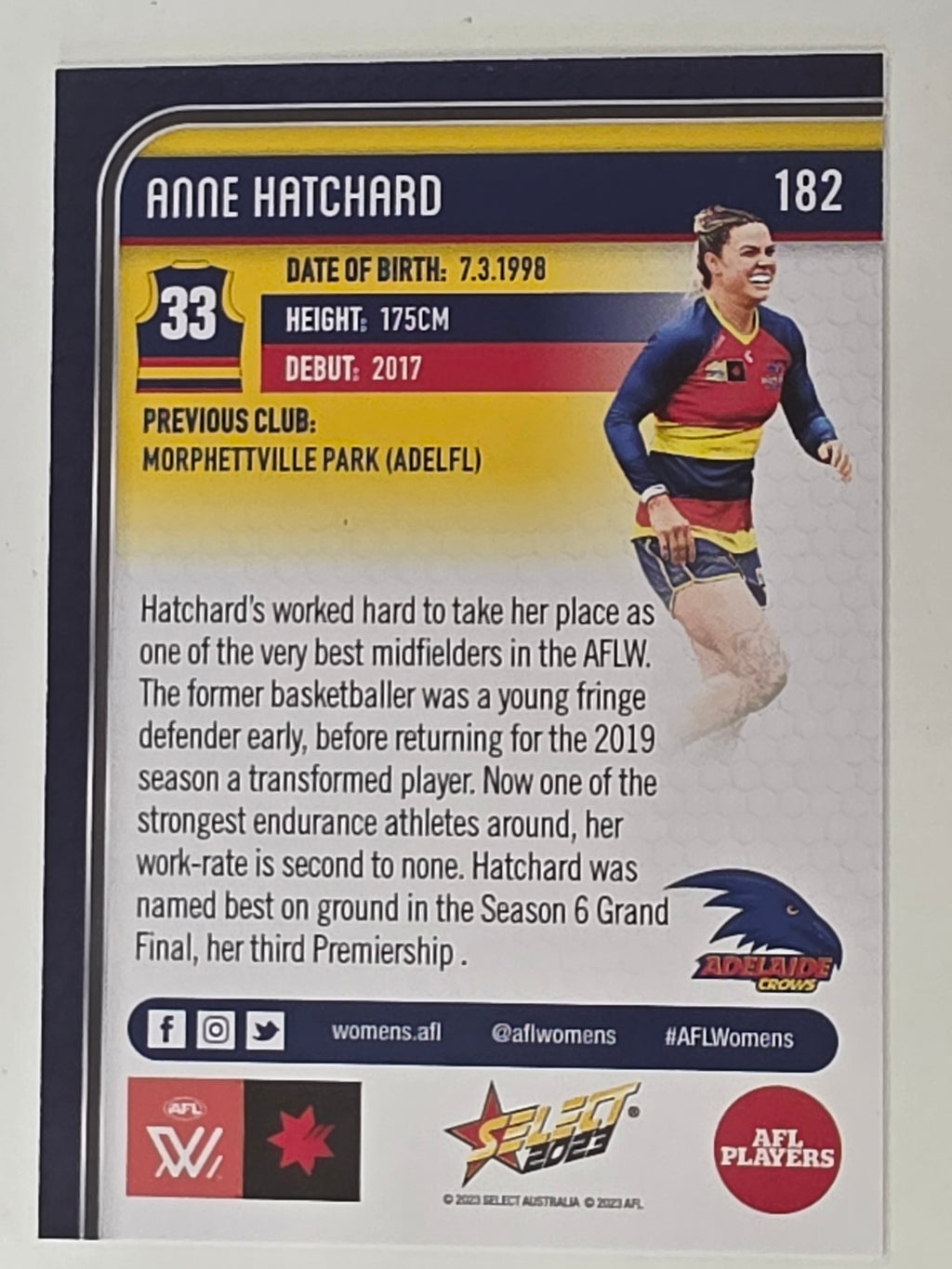 AFL 2023 Footy Stars Base Card #182 Anne Hatchard Adelaide Crows AFLW
