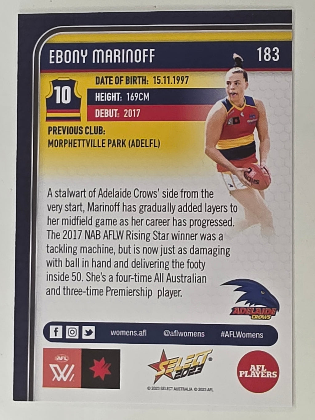 AFL 2023 Footy Stars Base Card #183 Ebony Marinoff Adelaide Crows AFLW