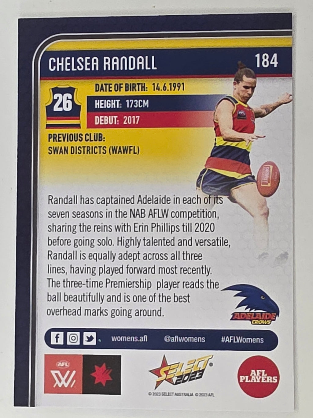 AFL 2023 Footy Stars Base Card #184 Chelsea Randall Adelaide Crows AFLW