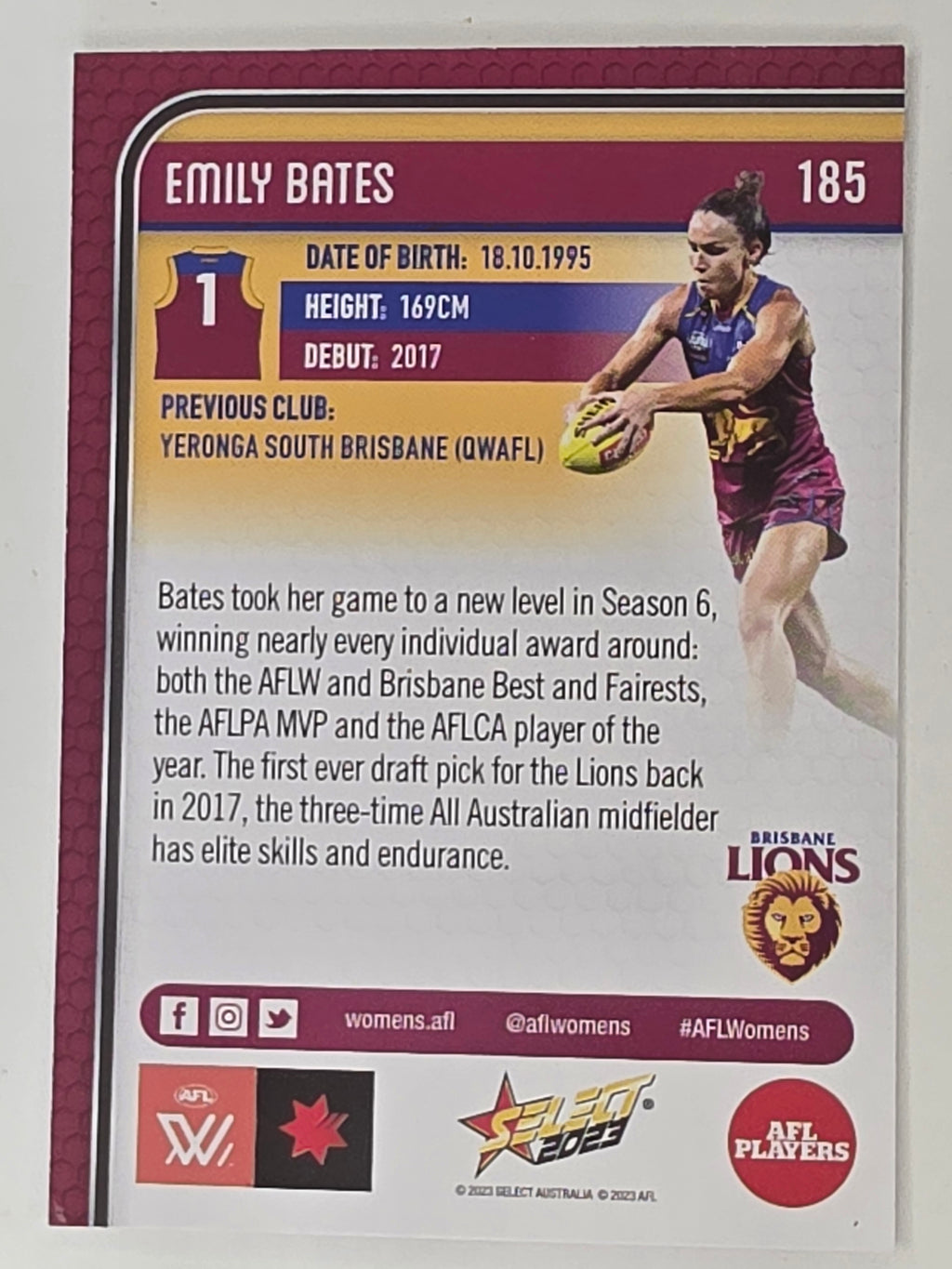 AFL 2023 Footy Stars Base Card #185 Emily Bates Brisbane Lions AFLW