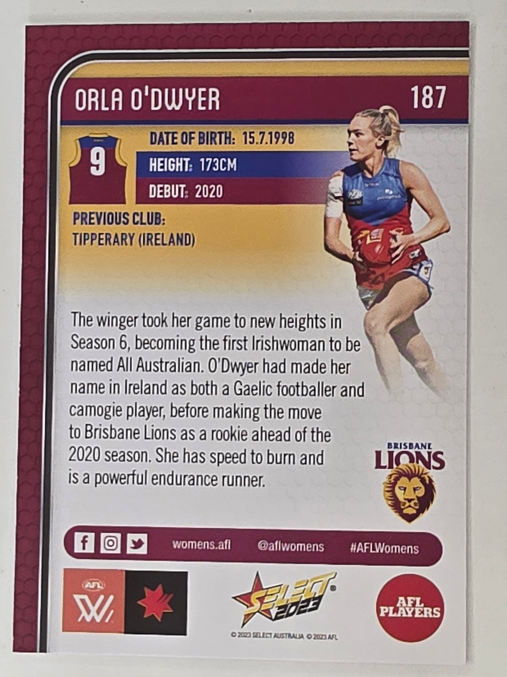 AFL 2023 Footy Stars Base Card #187 Orla O'Dwyer Brisbane Lions AFLW