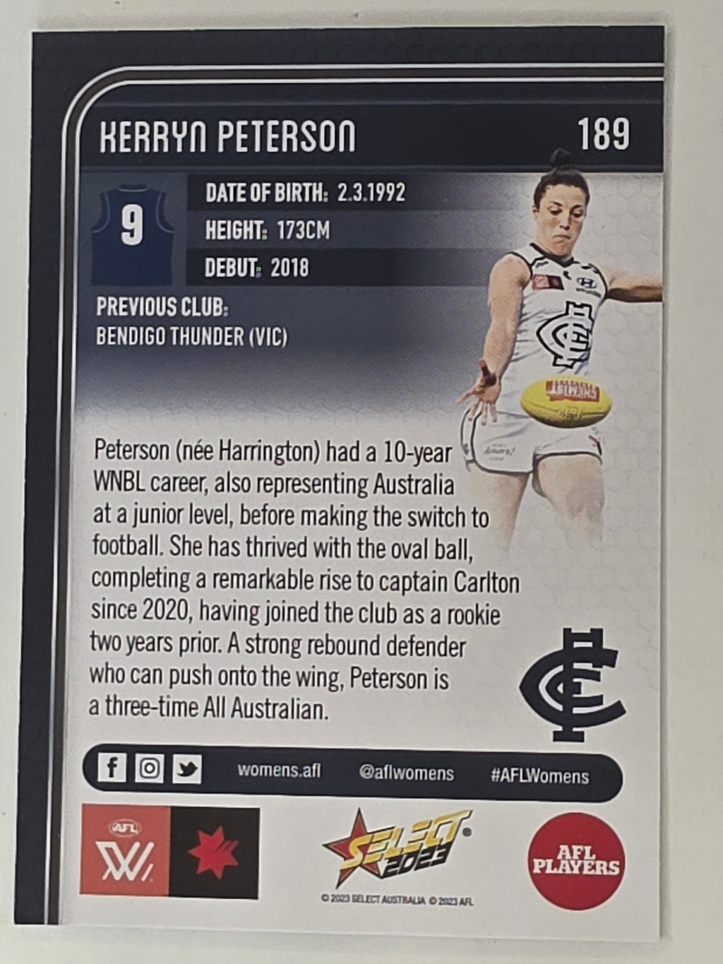 AFL 2023 Footy Stars Base Card #189 Kerryn Peterson Carlton Blues AFLW