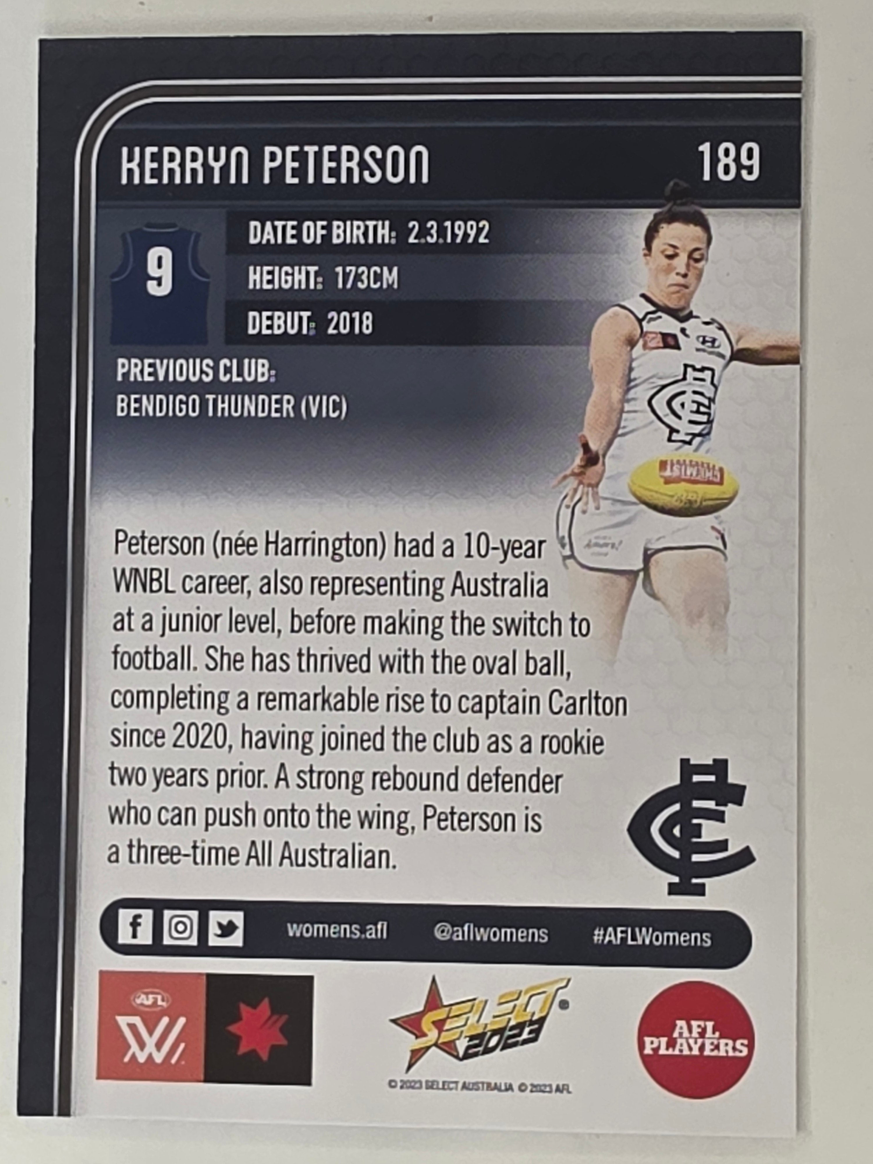 AFL 2023 Footy Stars Base Card #189 Kerryn Peterson Carlton Blues AFLW