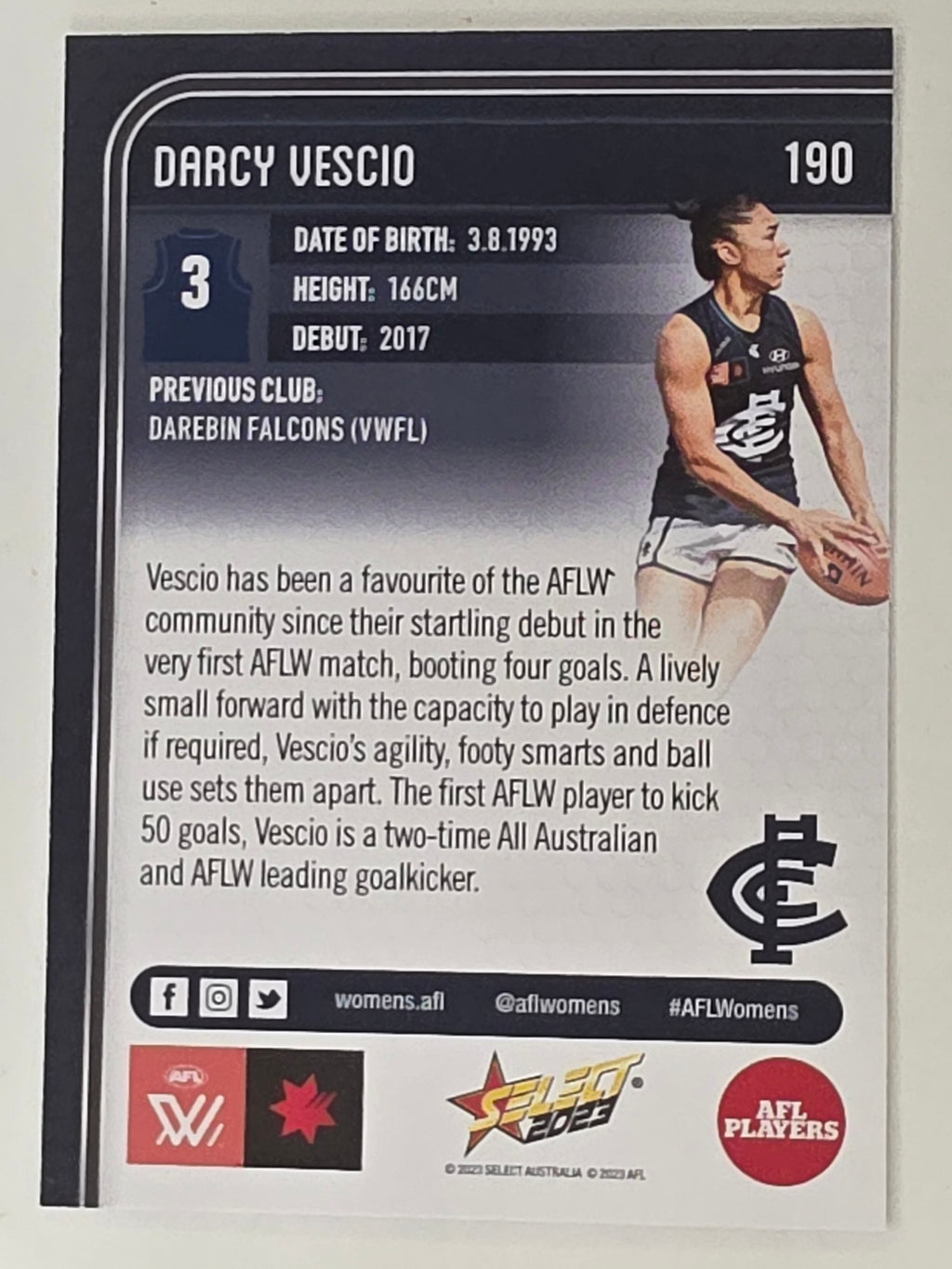 AFL 2023 Footy Stars Base Card #190 Darcy Vescio Carlton Blues AFLW