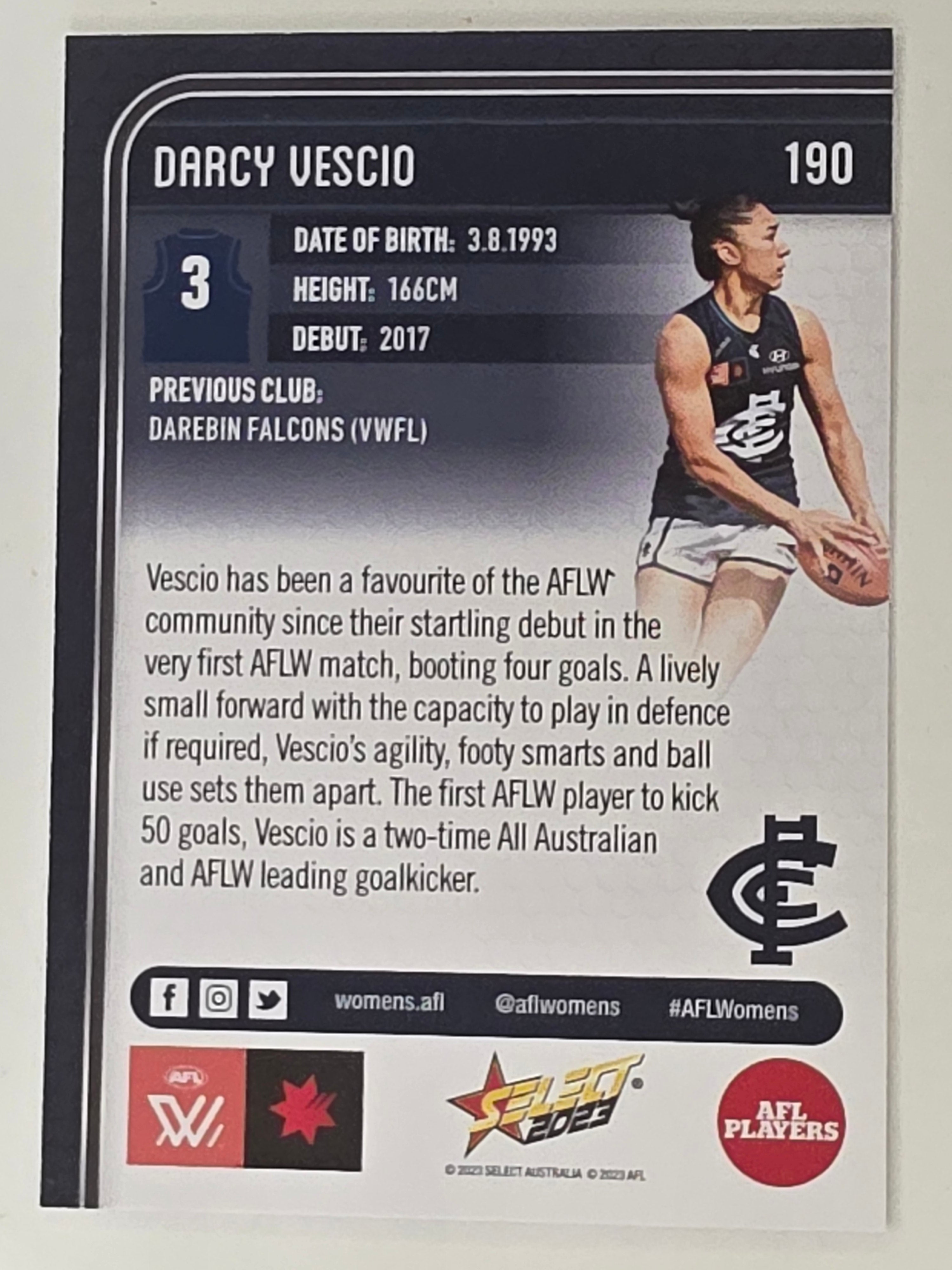AFL 2023 Footy Stars Base Card #190 Darcy Vescio Carlton Blues AFLW