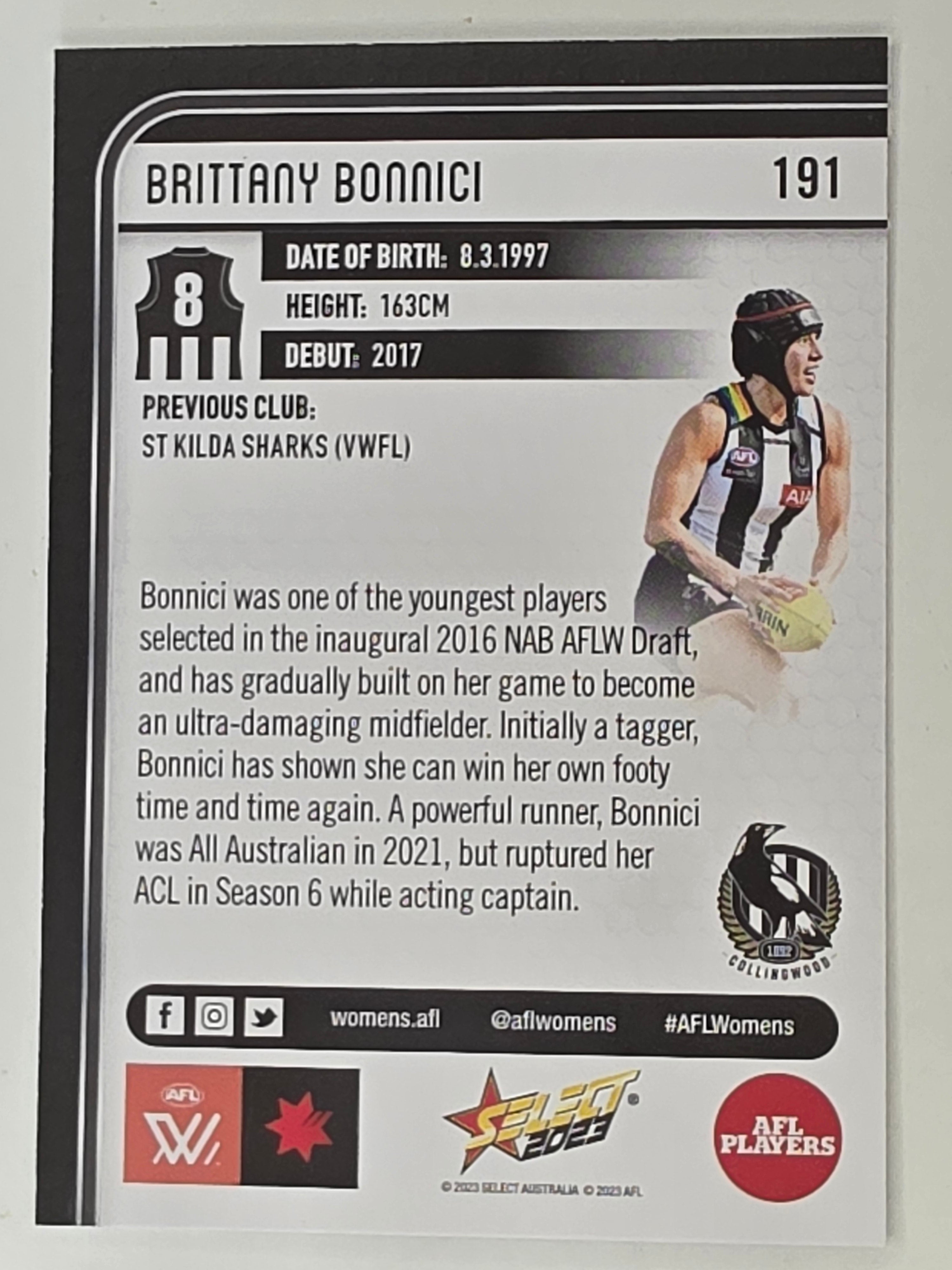 AFL 2023 Footy Stars Base Card #191 Brittany Bonnici Collingwood Magpies AFLW