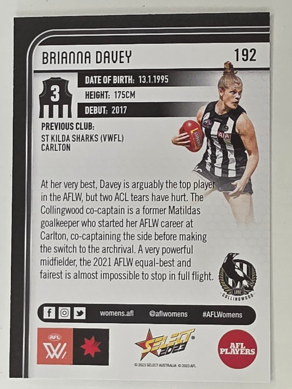 AFL 2023 Footy Stars Base Card #192 Brianna Davey Collingwood Magpies AFLW