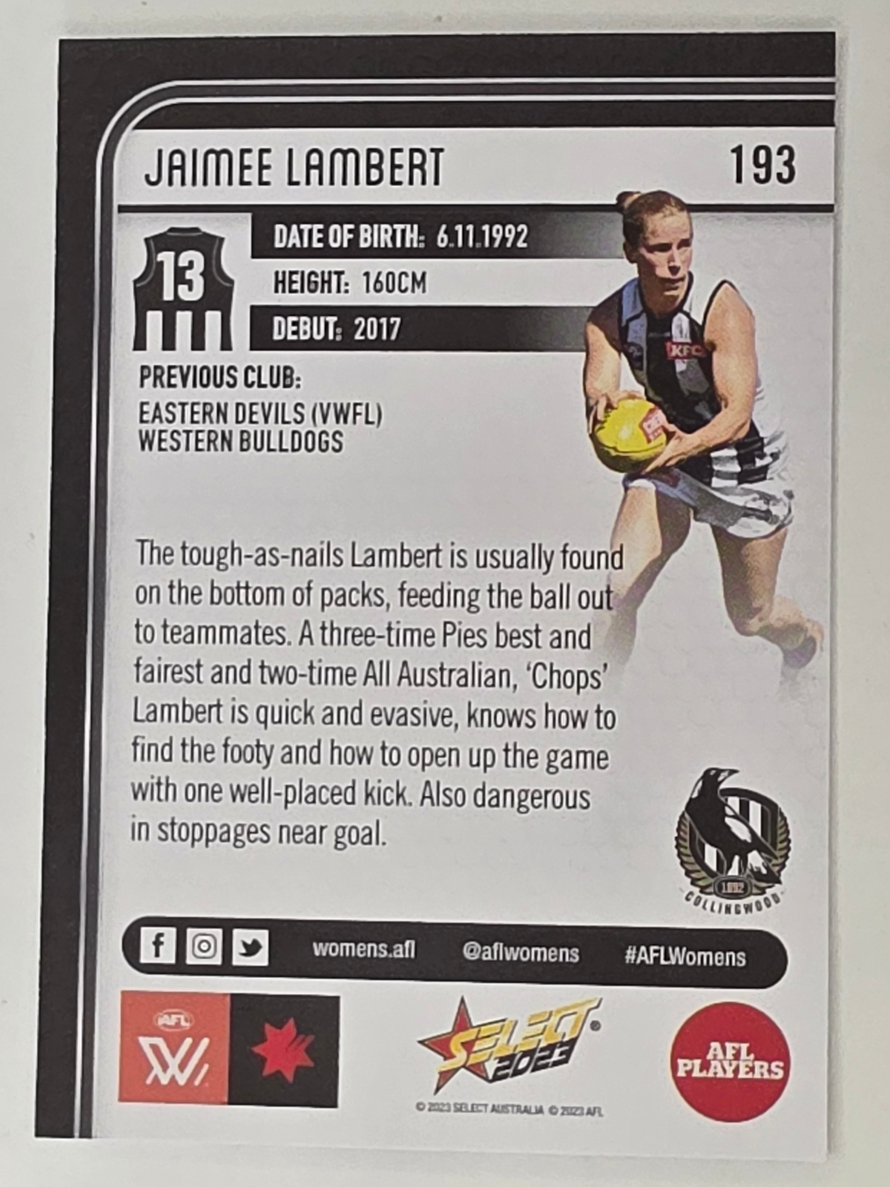 AFL 2023 Footy Stars Base Card #193 Jaimee Lambert Collingwood Magpies AFLW
