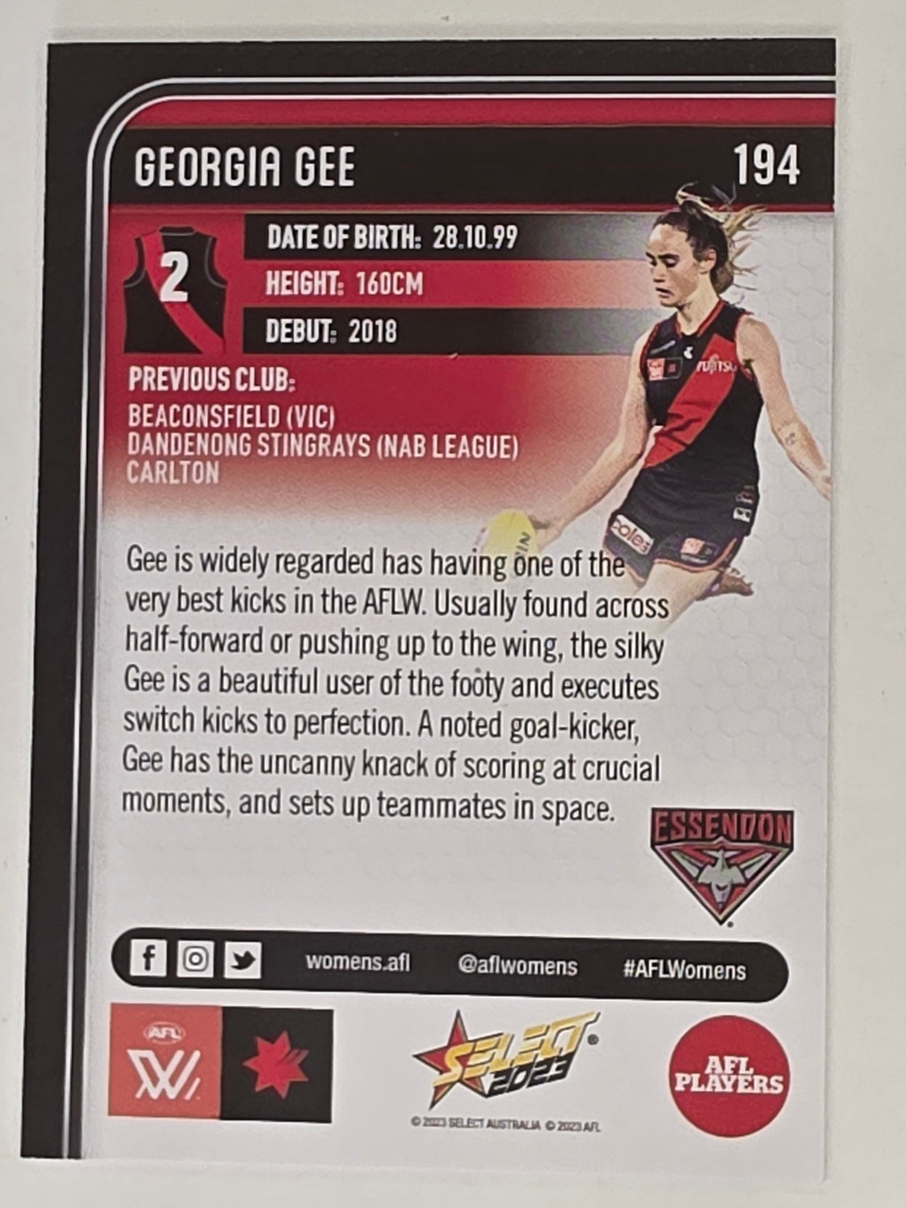 AFL 2023 Footy Stars Base Card #194 Georgia Gee Essendon Bombers AFLW
