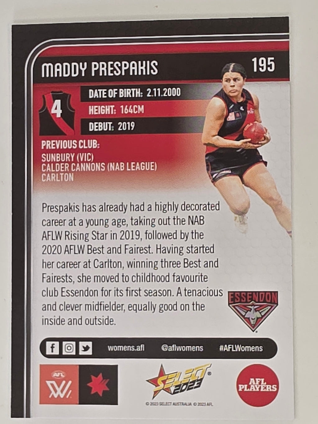 AFL 2023 Footy Stars Base Card #195 Madison Prespakis Essendon Bombers AFLW
