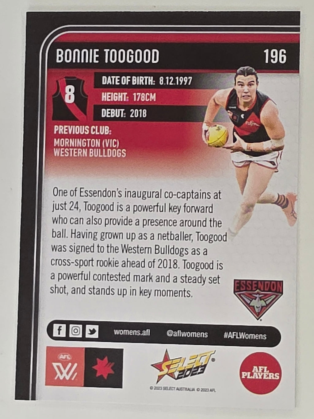 AFL 2023 Footy Stars Base Card #196 Bonnie Toogood Essendon Bombers AFLW