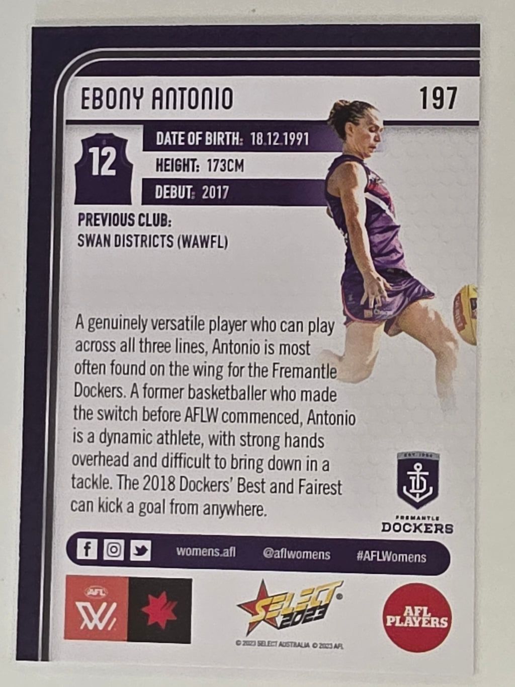 AFL 2023 Footy Stars Base Card #197 Ebony Antonio Fremantle Dockers AFLW