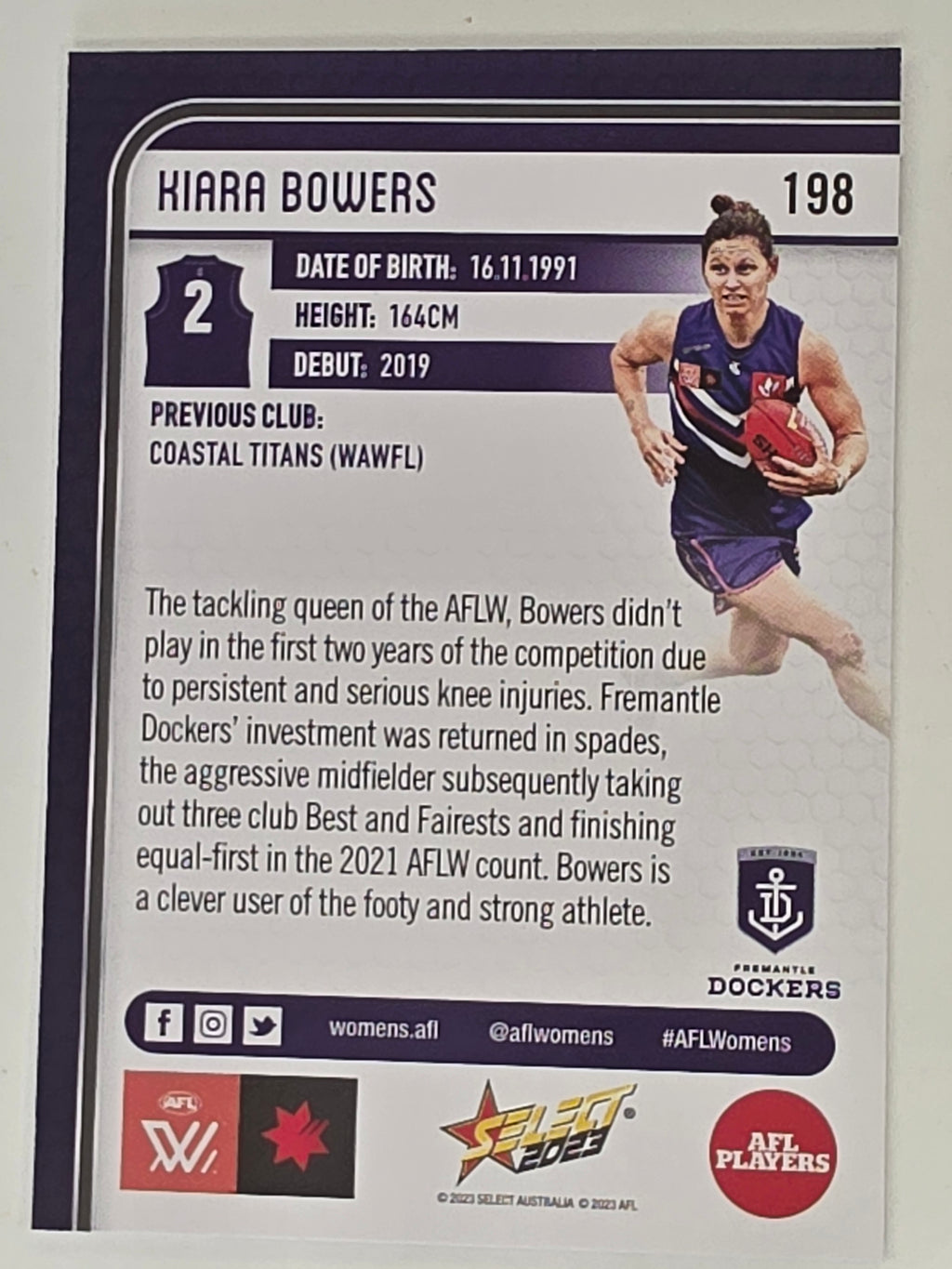 AFL 2023 Footy Stars Base Card #198 Kiara Bowers Fremantle Dockers AFLW