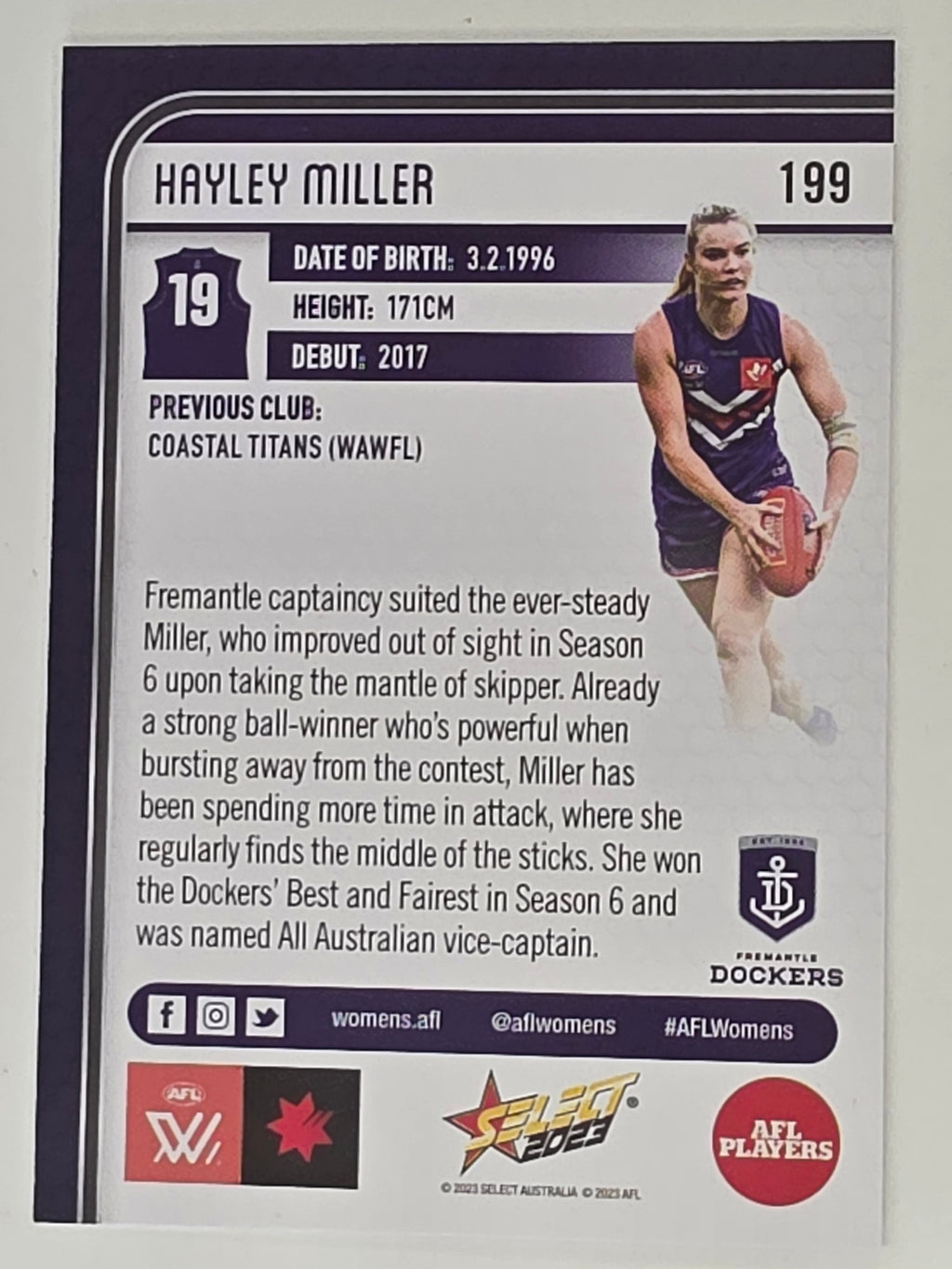 AFL 2023 Footy Stars Base Card #199 Hayley Miller Fremantle Dockers AFLW