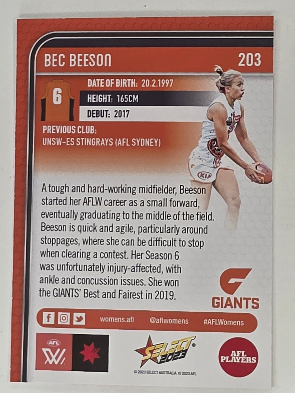 AFL 2023 Footy Stars Base Card #203 Bec Beeson GWS Giants AFLW