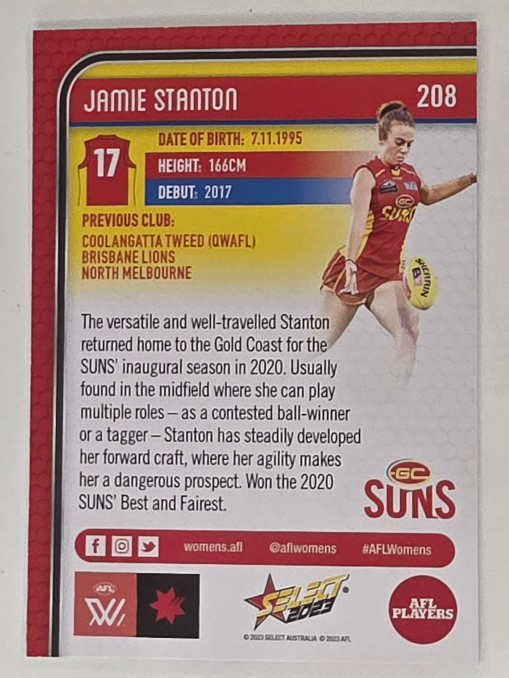AFL 2023 Footy Stars Base Card #208 Jamie Stanton Gold Coast Suns AFLW