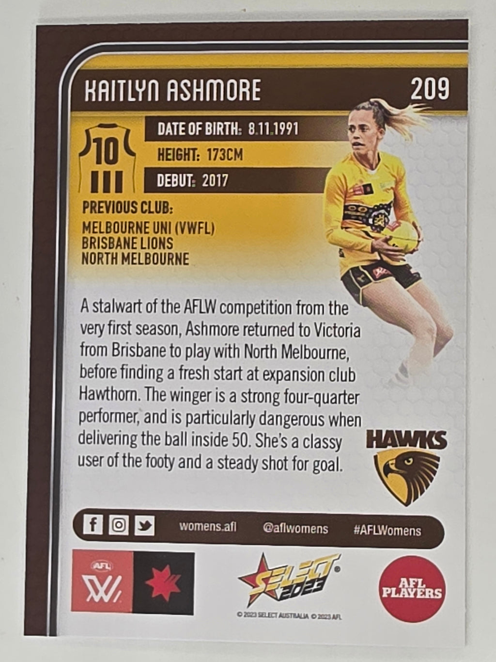 AFL 2023 Footy Stars Base Card #209 Kaitlyn Ashmore Hawthorn Hawks AFLW