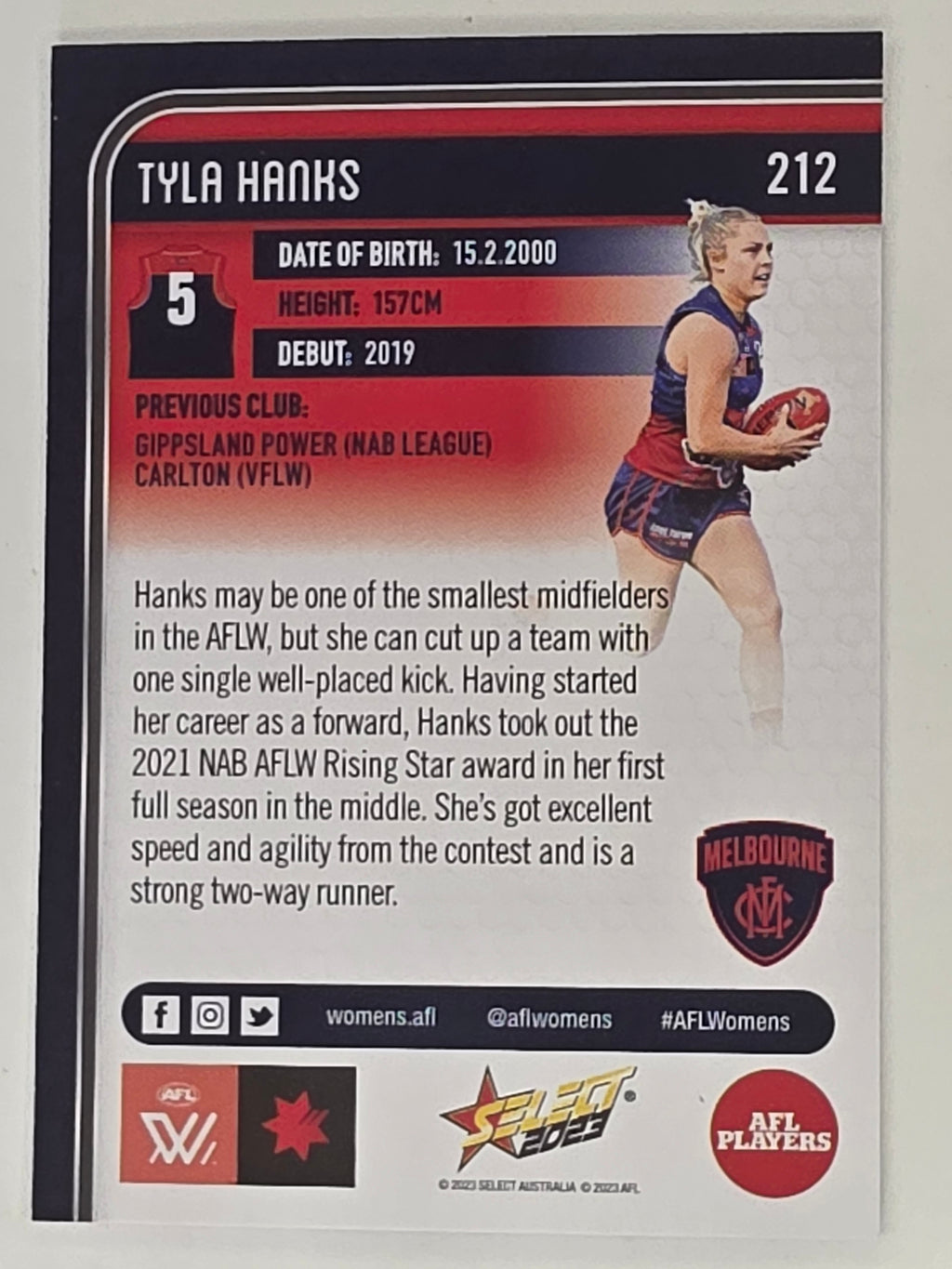 AFL 2023 Footy Stars Base Card #212 Tyla Hanks Melbourne AFLW