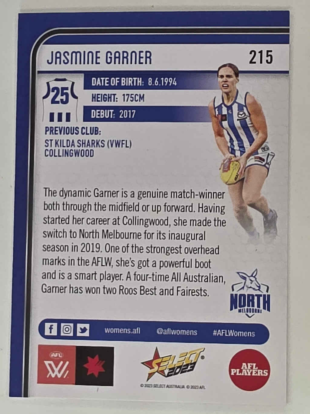 AFL 2023 Footy Stars Base Card #215 Jasmine Garner North Melbourne AFLW