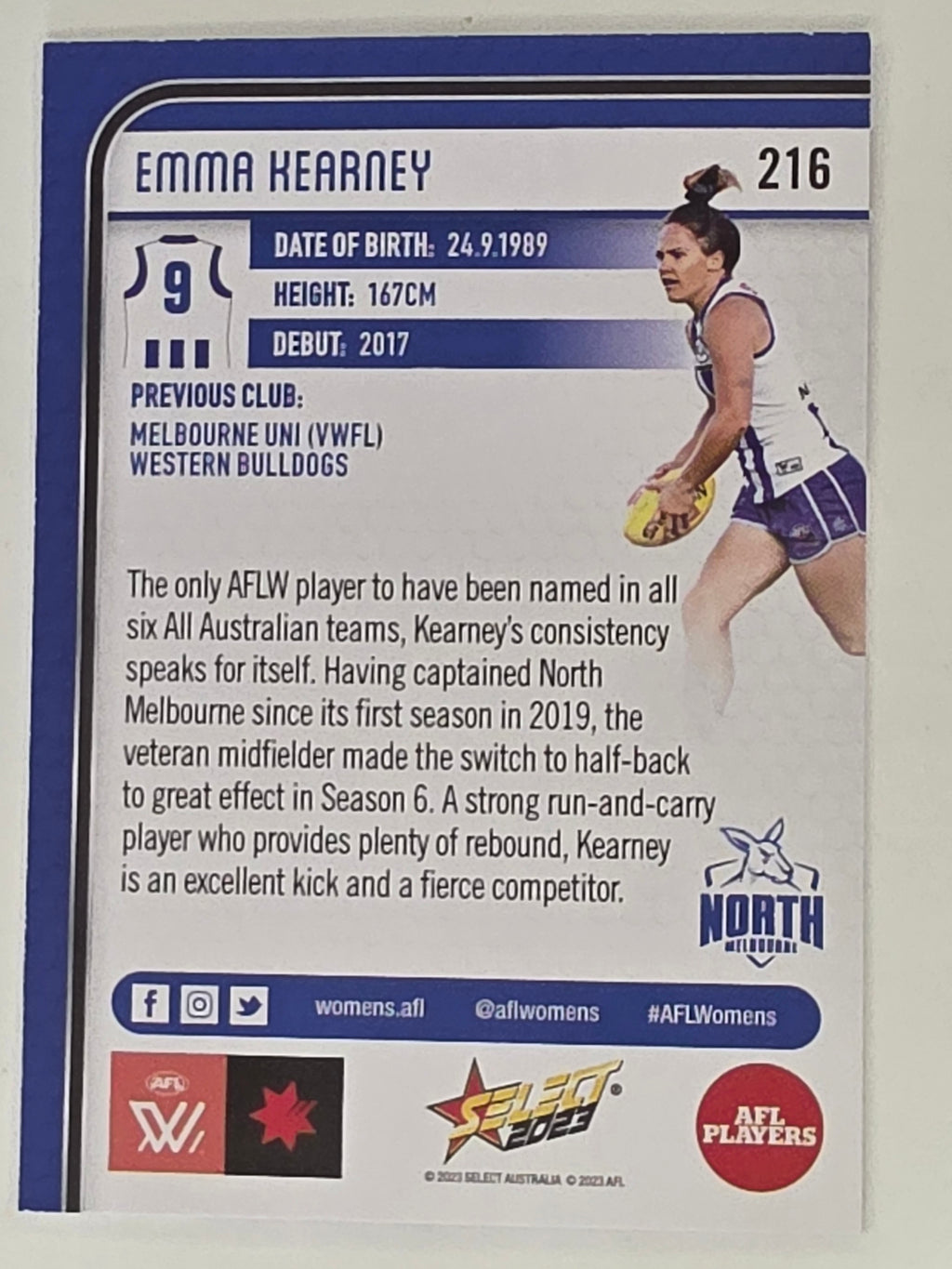 AFL 2023 Footy Stars Base Card #216 Emma Kearney North Melbourne AFLW