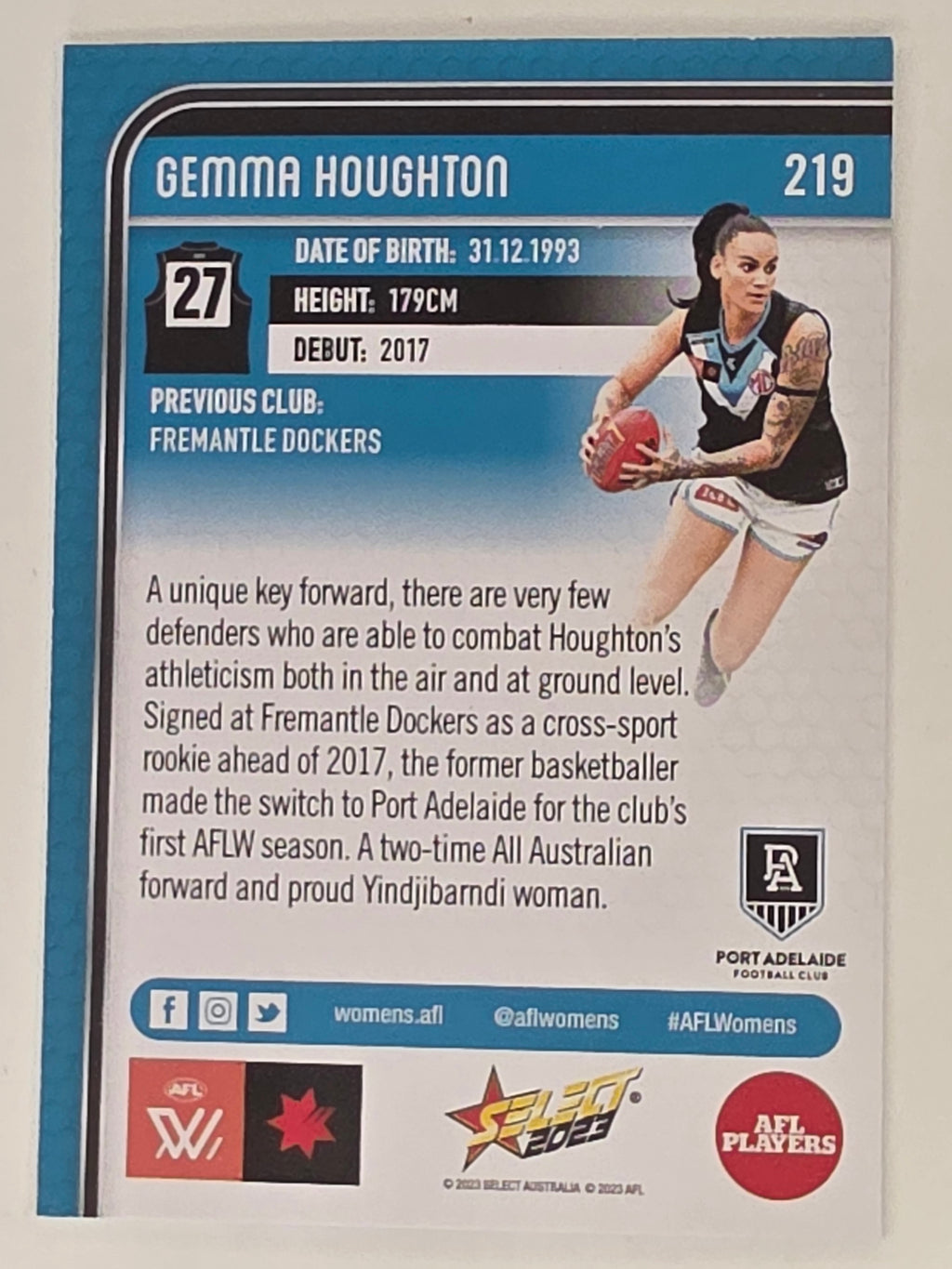 AFL 2023 Footy Stars Base Card #219 Gemma Houghton Port Adelaide AFLW