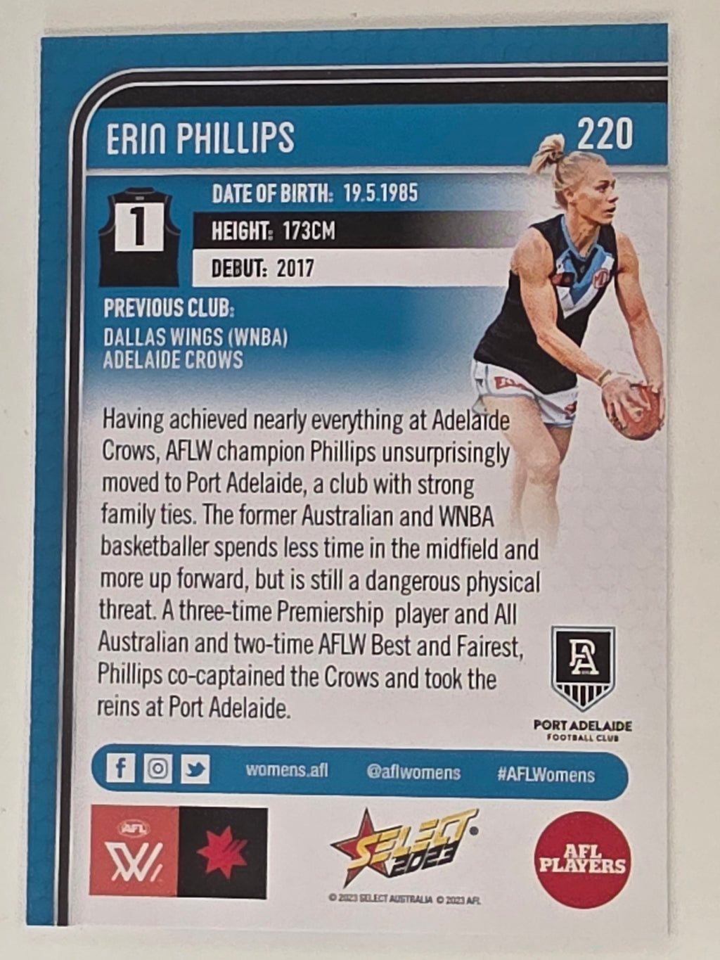 AFL 2023 Footy Stars Base Card #220 Erin Phillips Port Adelaide AFLW