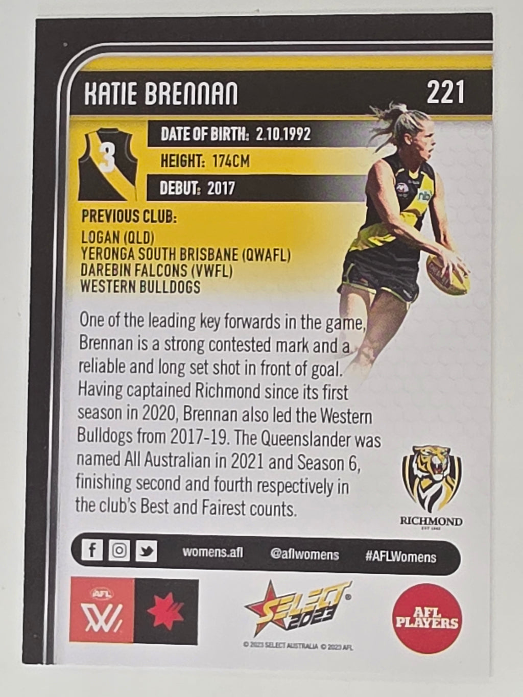 AFL 2023 Footy Stars Base Card #221 Katie Brennan Richmond AFLW