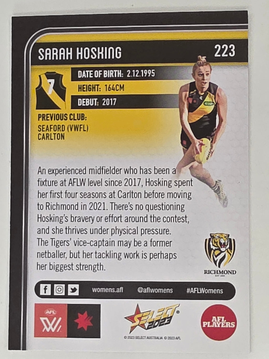 AFL 2023 Footy Stars Base Card #223 Sarah Hosking Richmond AFLW