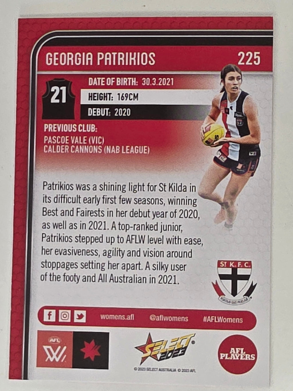 AFL 2023 Footy Stars Base Card #225 Georgia Patrikios St Kilda AFLW