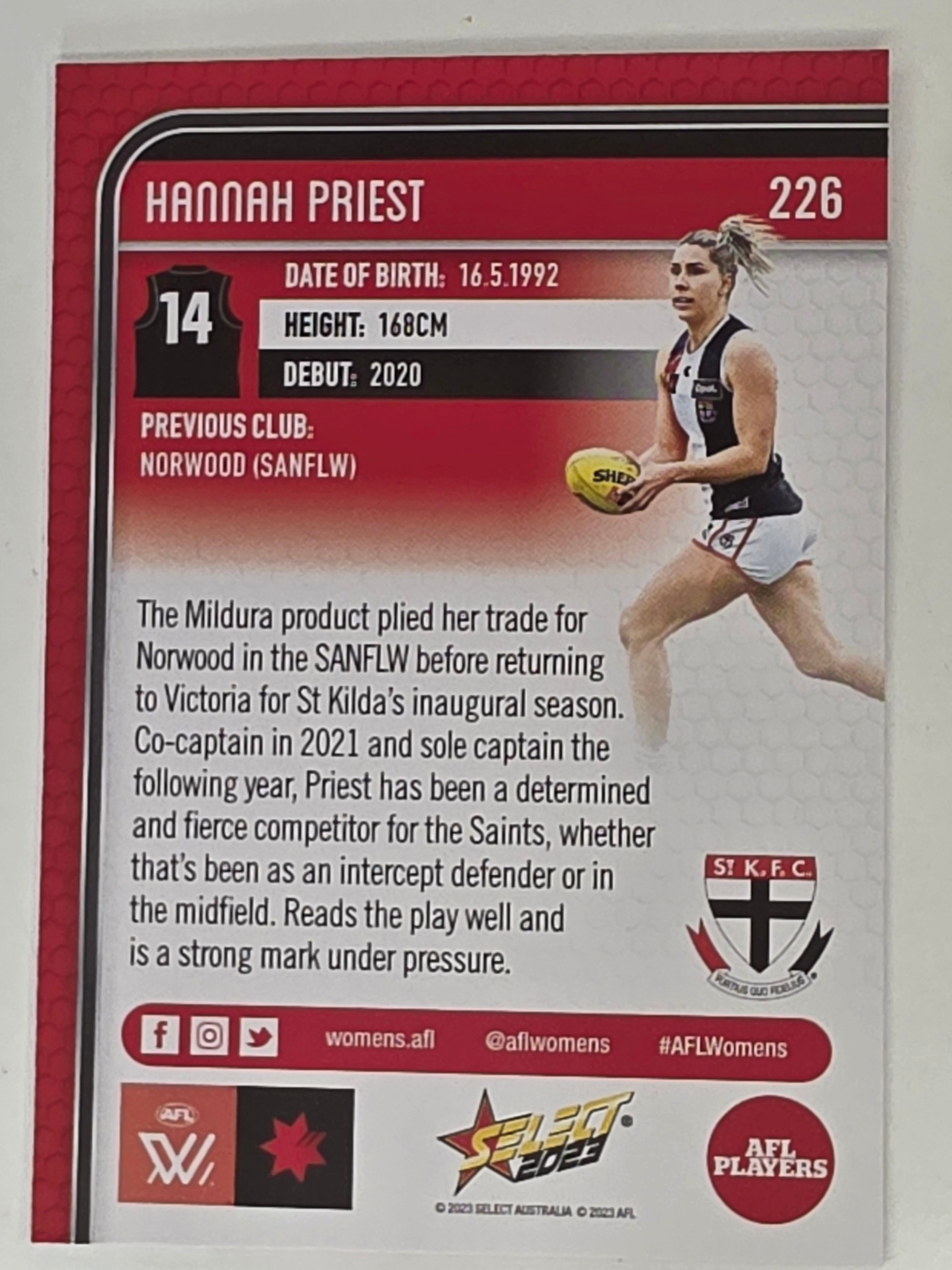 AFL 2023 Footy Stars Base Card #226 Hannah Priest St Kilda AFLW