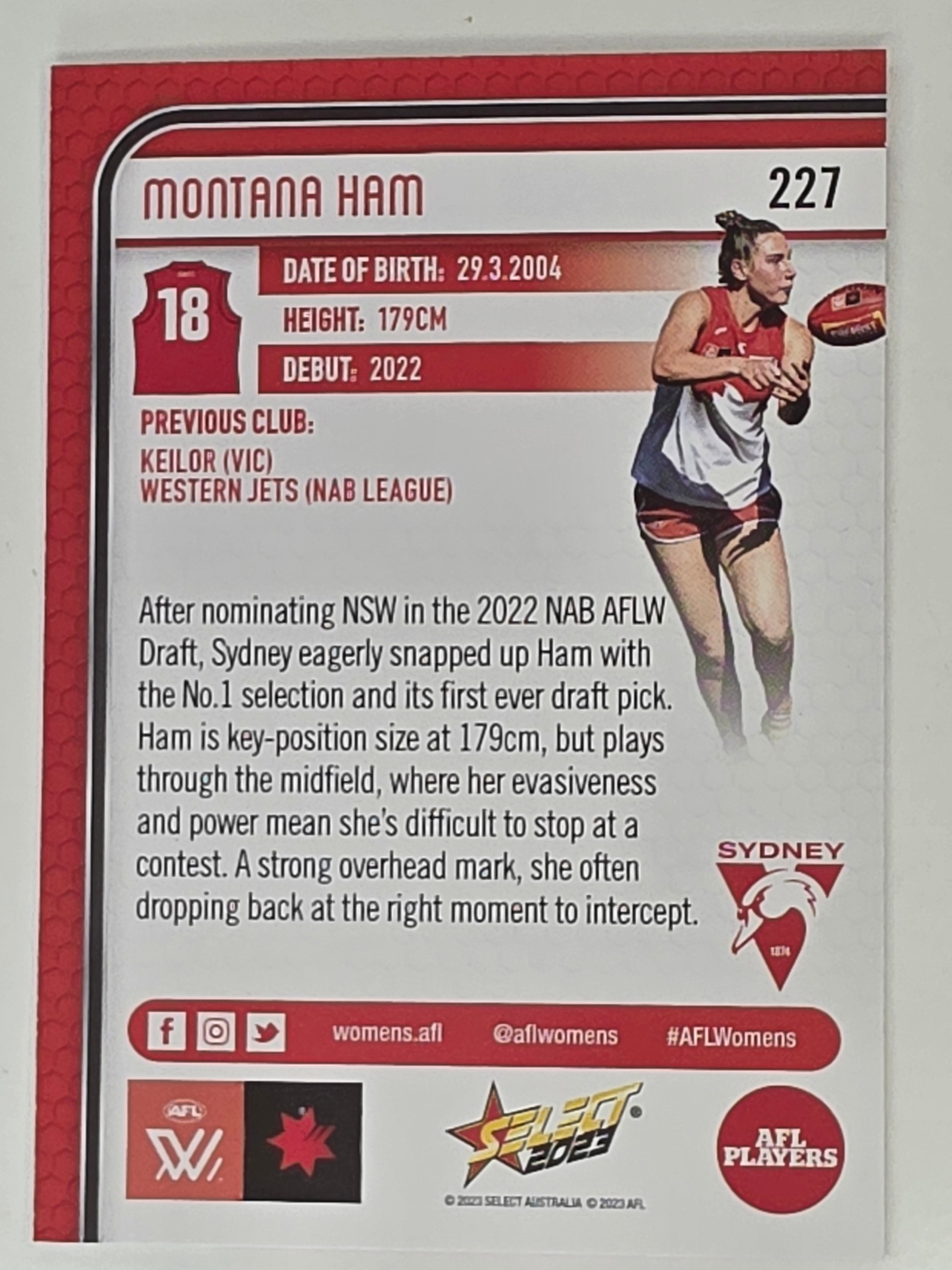 AFL 2023 Footy Stars Base Card #227 Montana Ham Sydney Swans AFLW
