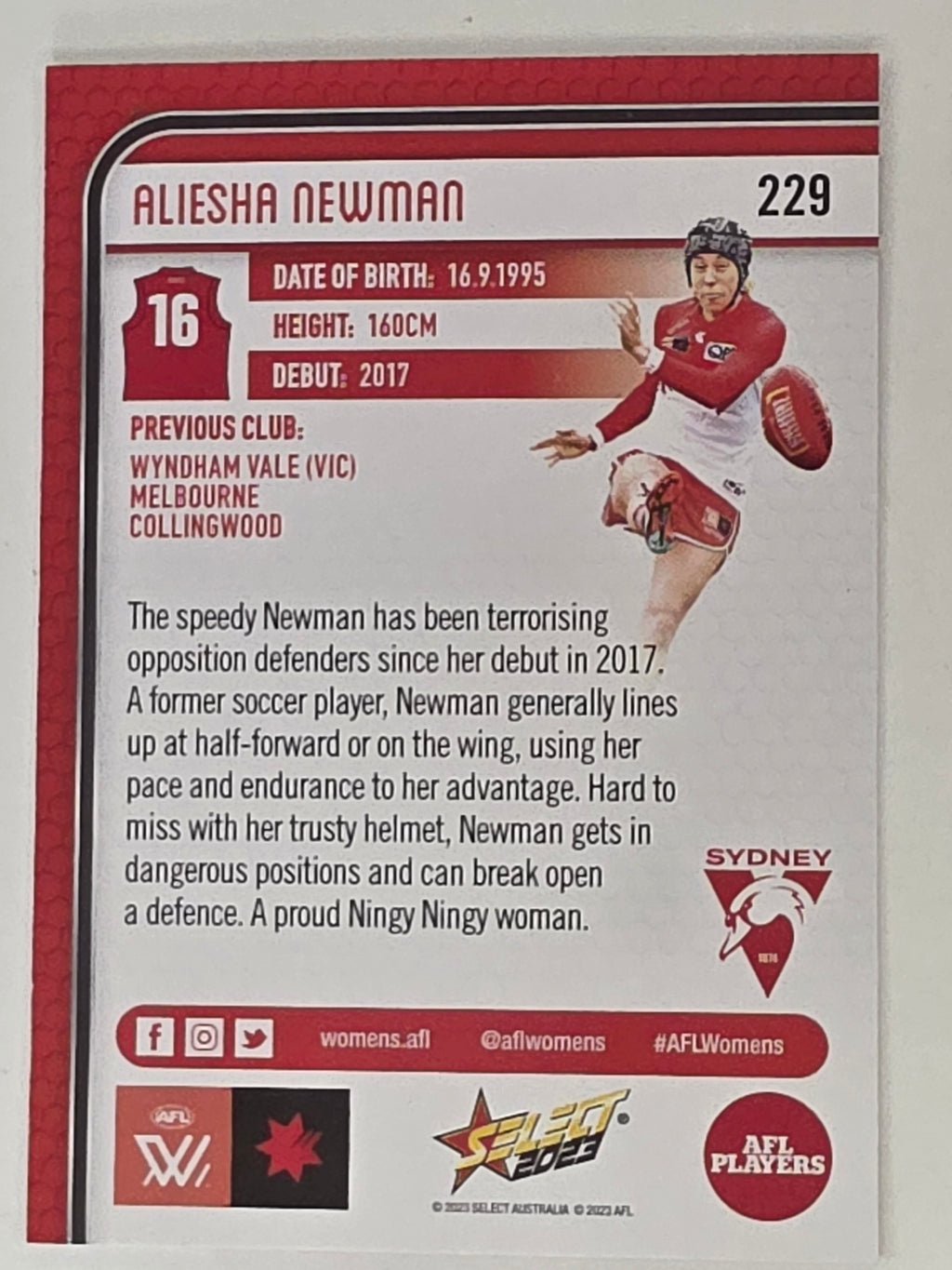 AFL 2023 Footy Stars Base Card #229 Aliesha Newman Sydney Swans AFLW