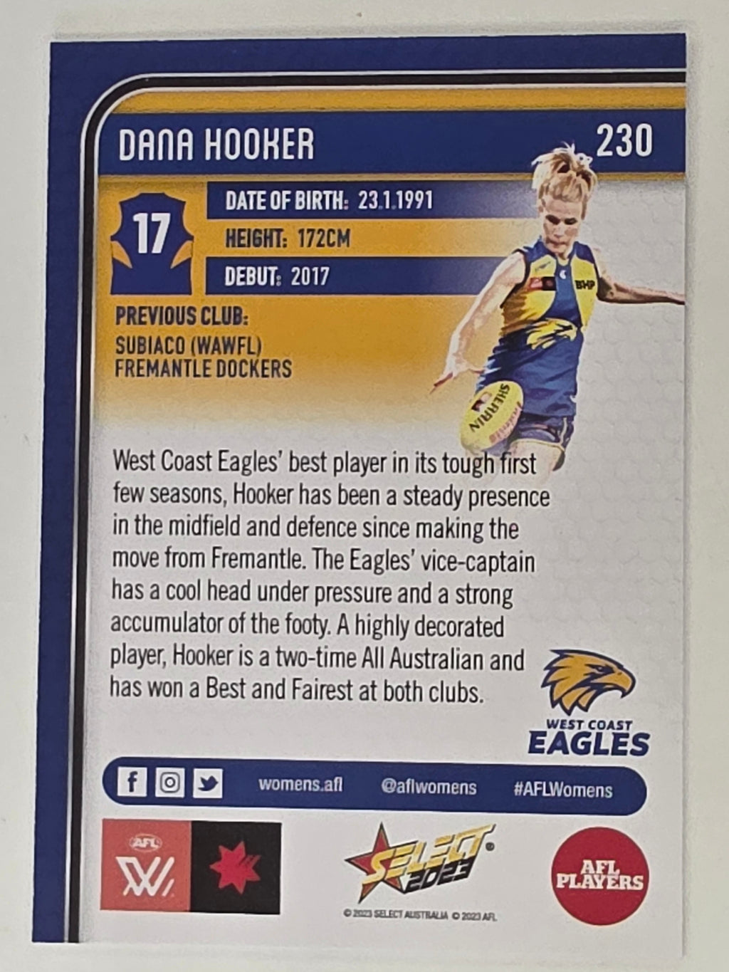 AFL 2023 Footy Stars Base Card #230 Dana Hooker West Coast Eagles AFLW