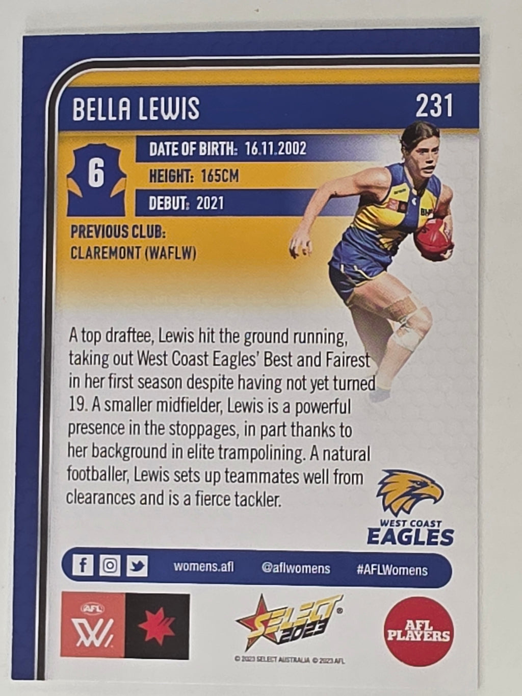 AFL 2023 Footy Stars Base Card #231 Bella Lewis West Coast Eagles AFLW