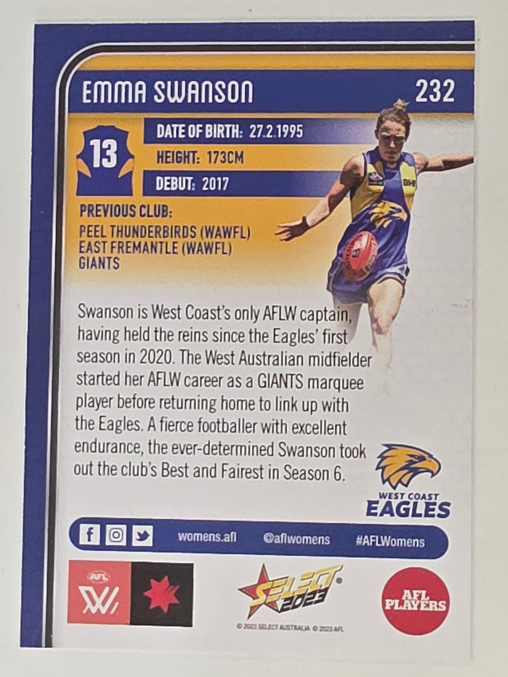 AFL 2023 Footy Stars Base Card #232 Emma Swanson West Coast Eagles AFLW