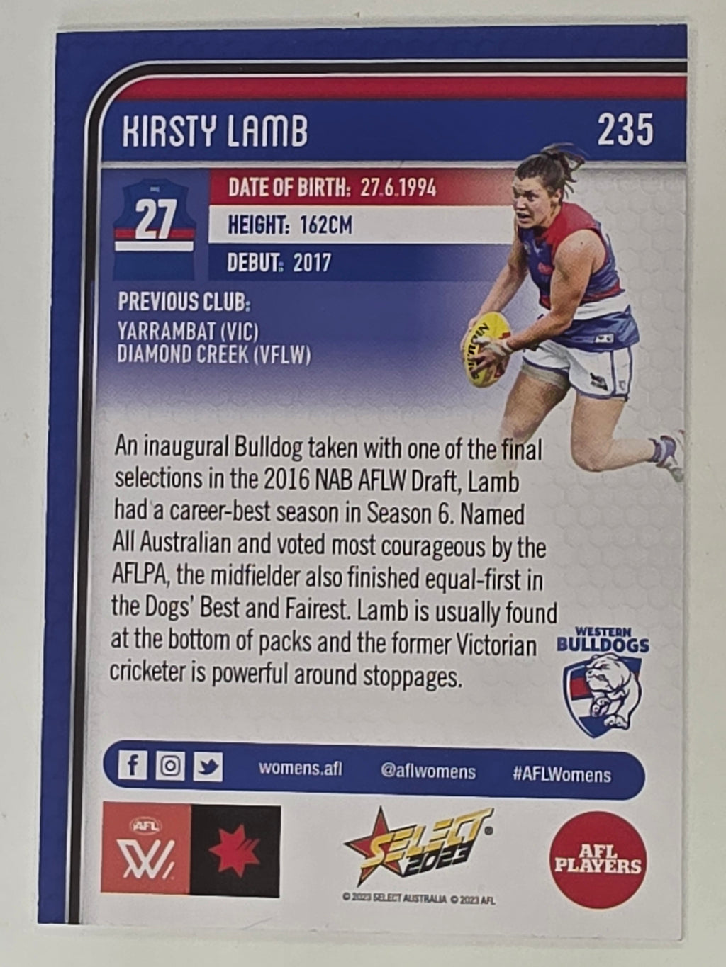 AFL 2023 Footy Stars Base Card #235 Kirsty Lamb Western Bulldogs AFLW