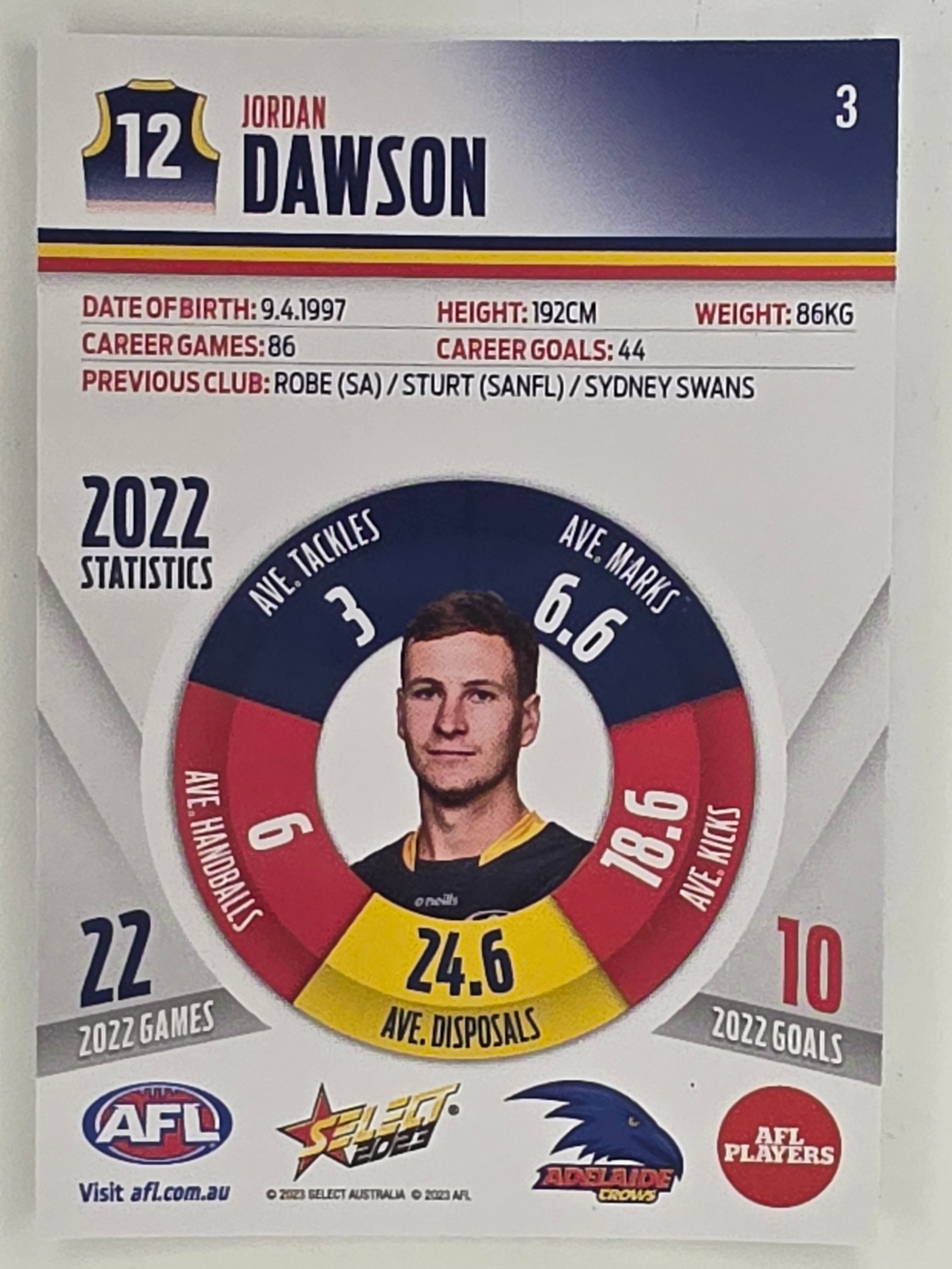 AFL 2023 Footy Stars Parallel Colour Spots #003 Jordan Dawson Adelaide Crows
