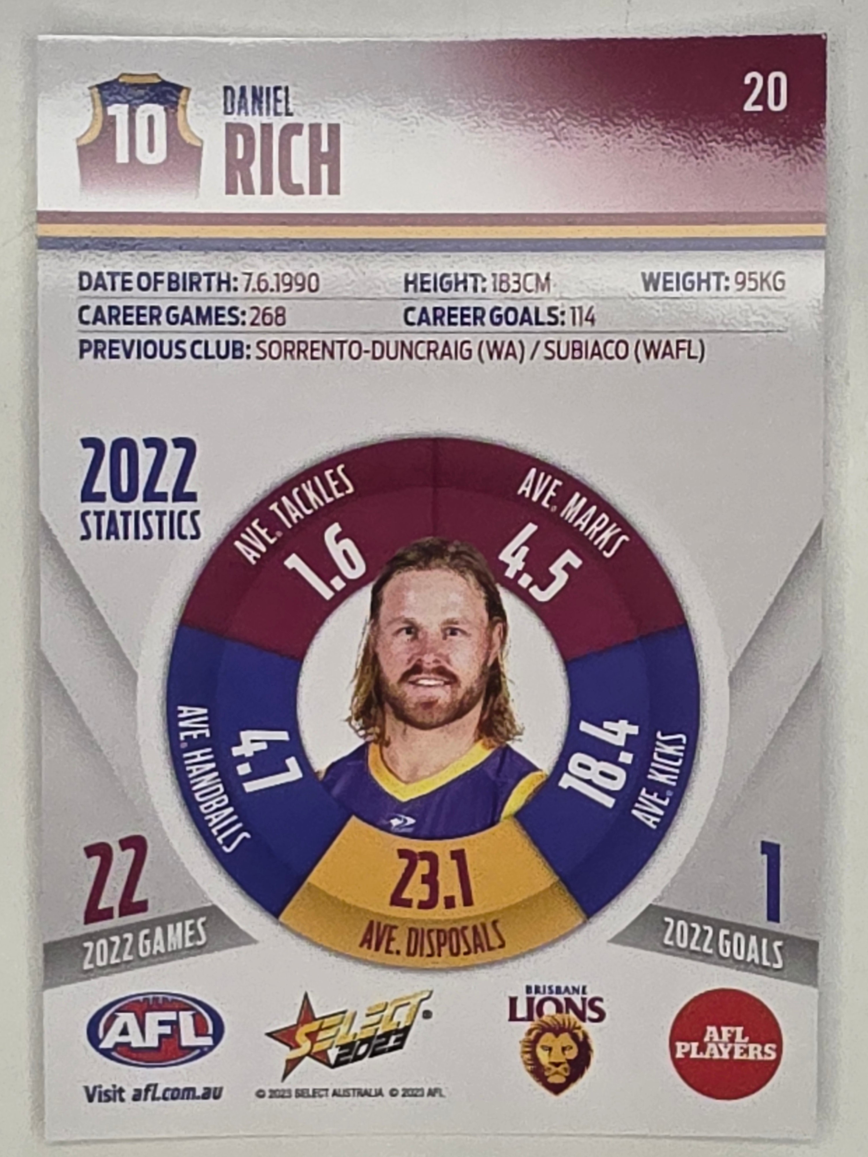 AFL 2023 Footy Stars Parallel Colour Spots #020 Daniel Rich Brisbane Lions