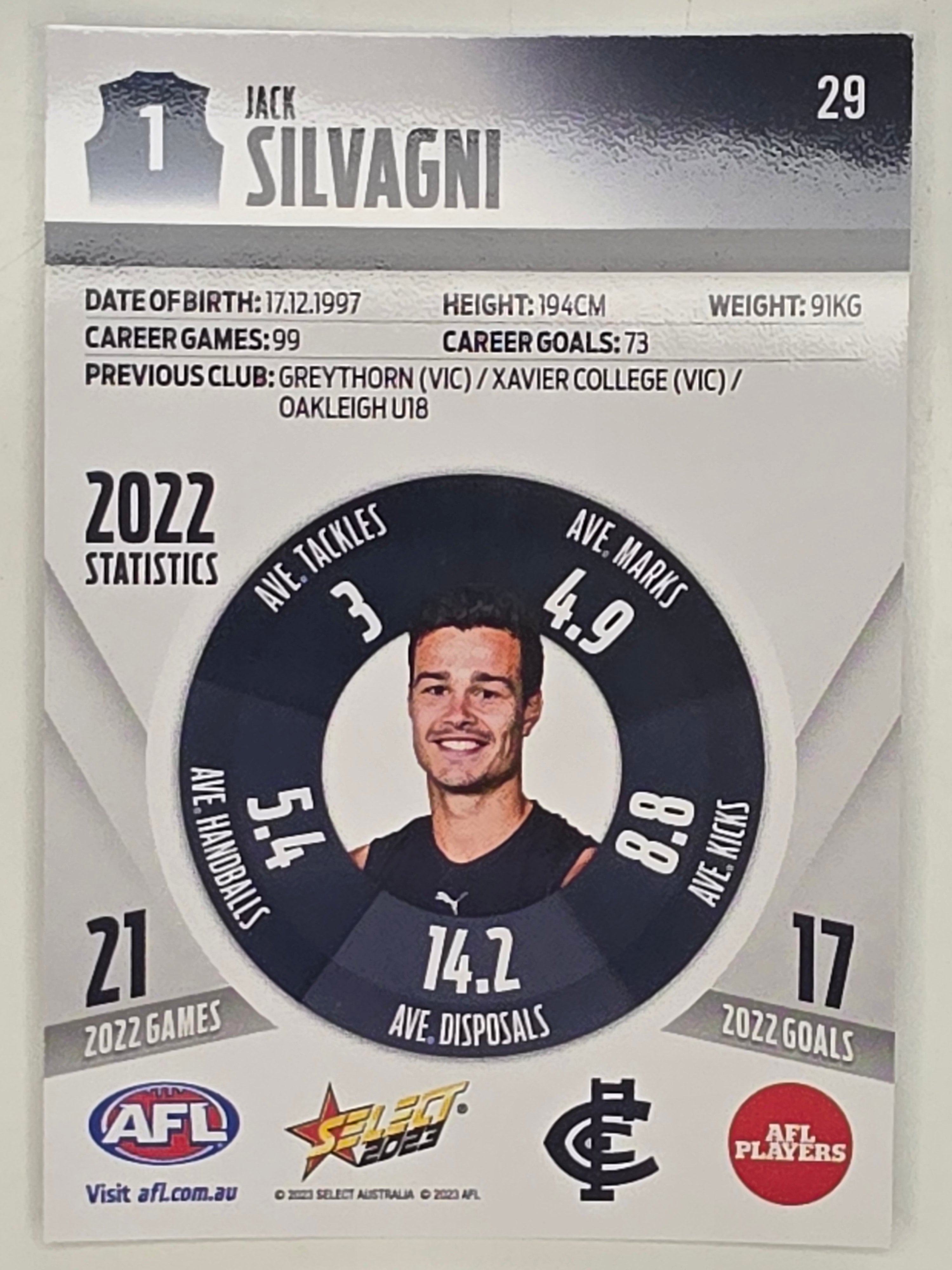 AFL 2023 Footy Stars Parallel Colour Spots #029 Jack Silvagni Carlton Blues