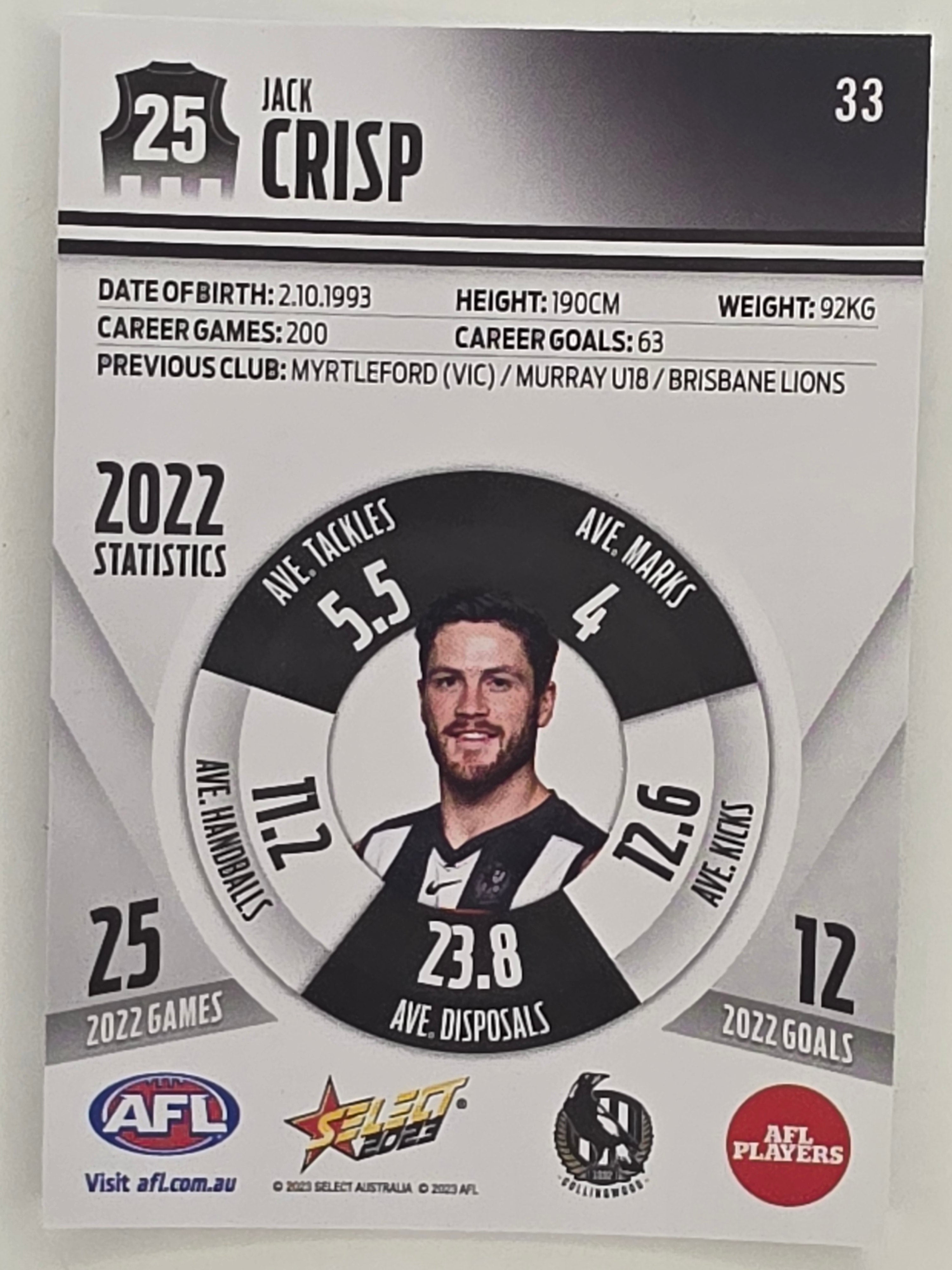 AFL 2023 Footy Stars Parallel Colour Spots #033 Jack Crisp Collingwood Magpies