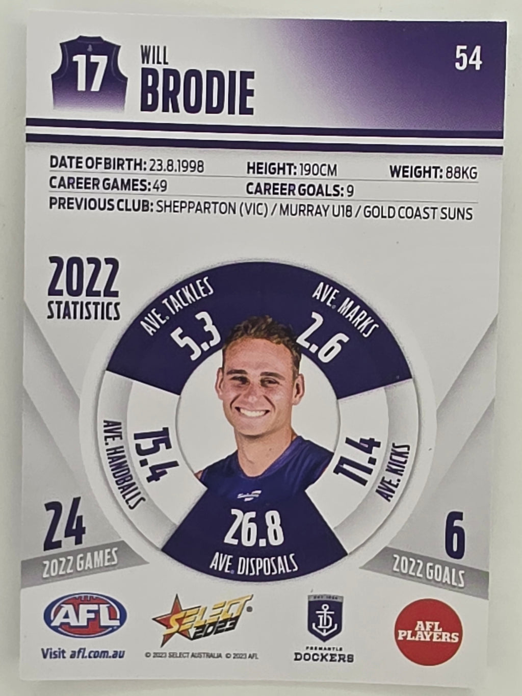 AFL 2023 Footy Stars Parallel Colour Spots #054 Will Brodie Fremantle Dockers
