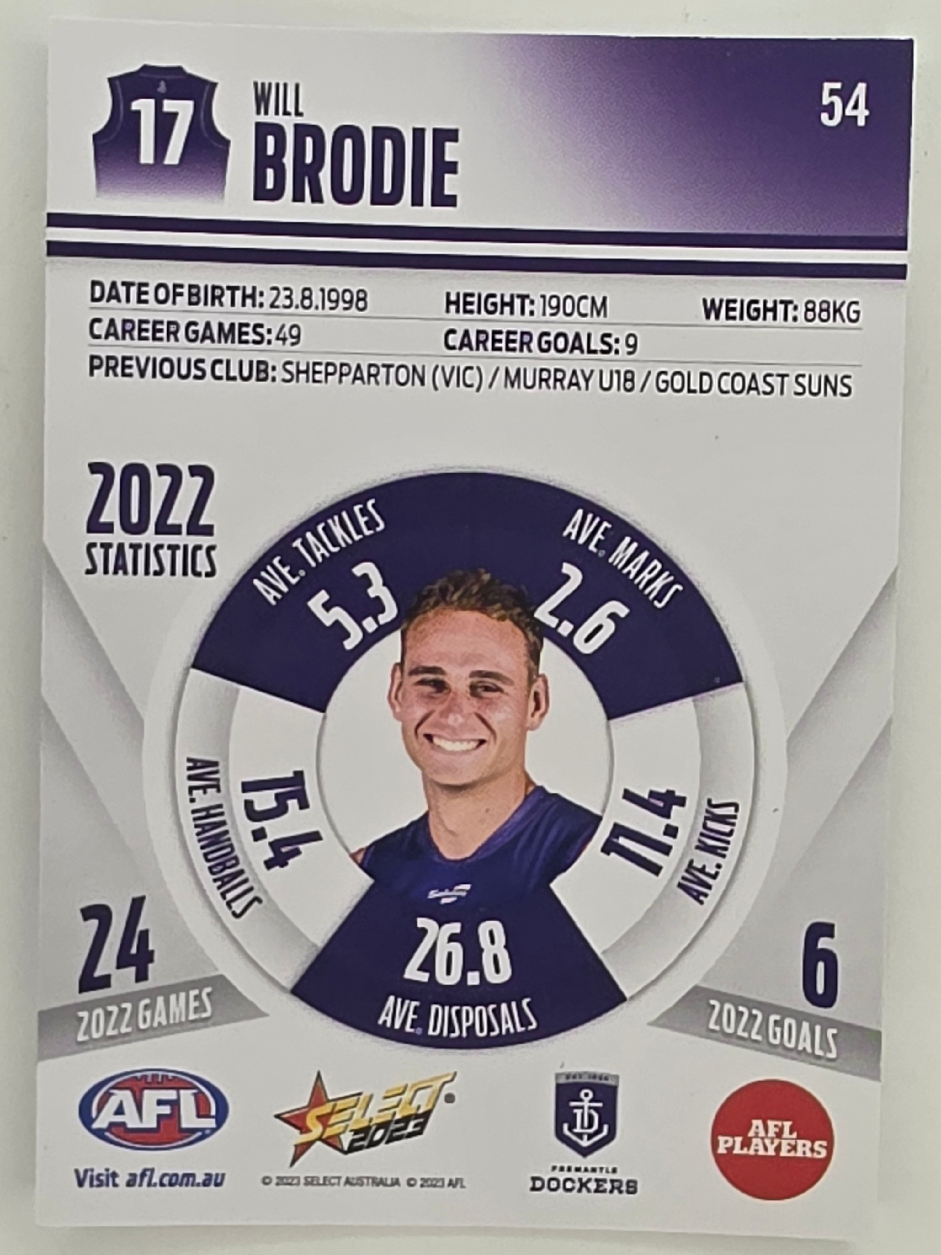 AFL 2023 Footy Stars Parallel Colour Spots #054 Will Brodie Fremantle Dockers